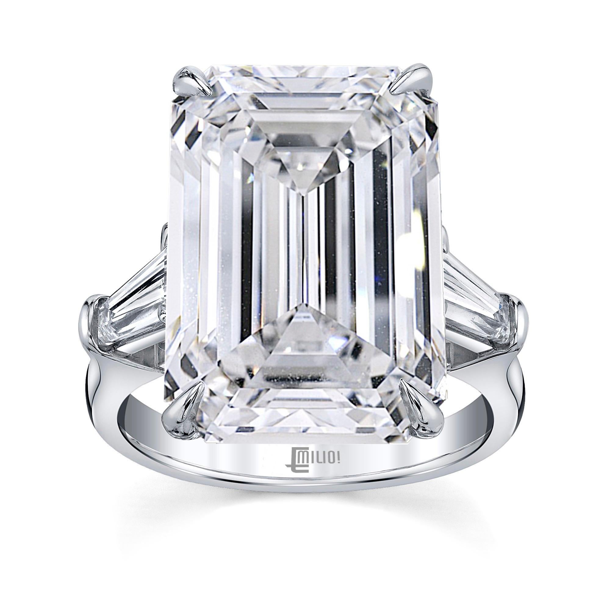 From the Museum vault at Emilio Jewelry, Located On New York’s Iconic Fifth Avenue:
Showcasing a magnificent dream investment emerald cut diamond set in the center. The shape and proportions are very unique and extremely desirable. Video available