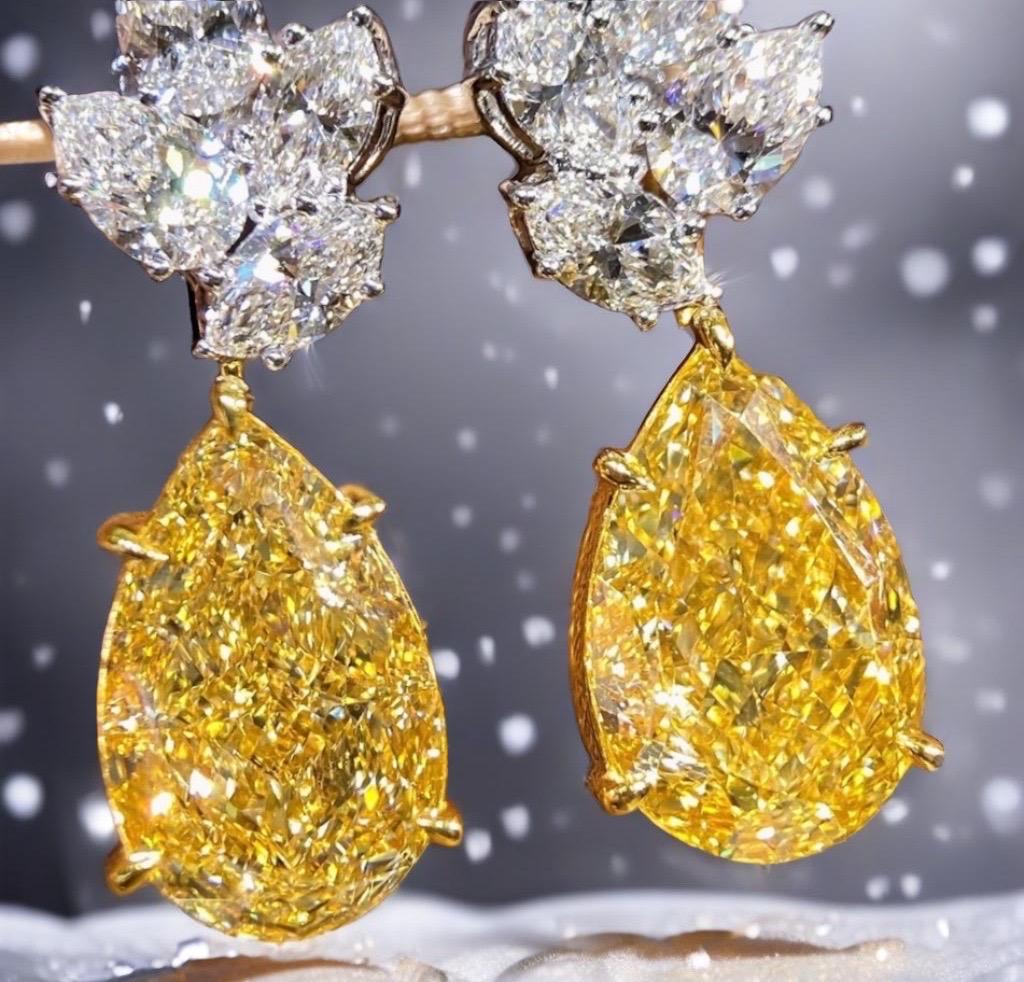 Pear Cut Emilio Jewelry Gia Certified 14.00 Carat Fancy Yellow Pear Diamond Earrings For Sale