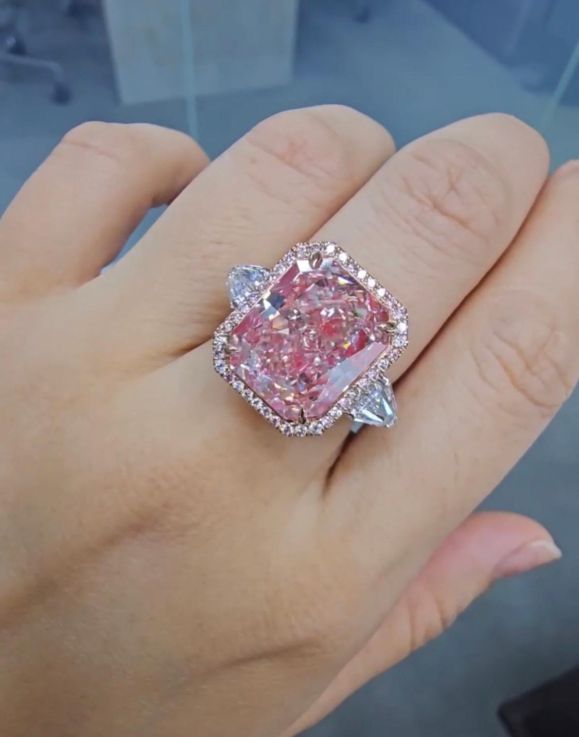 Radiant Cut Emilio Jewelry Gia Certified 14.65 Carat Pinkish Brown Diamond Ring For Sale
