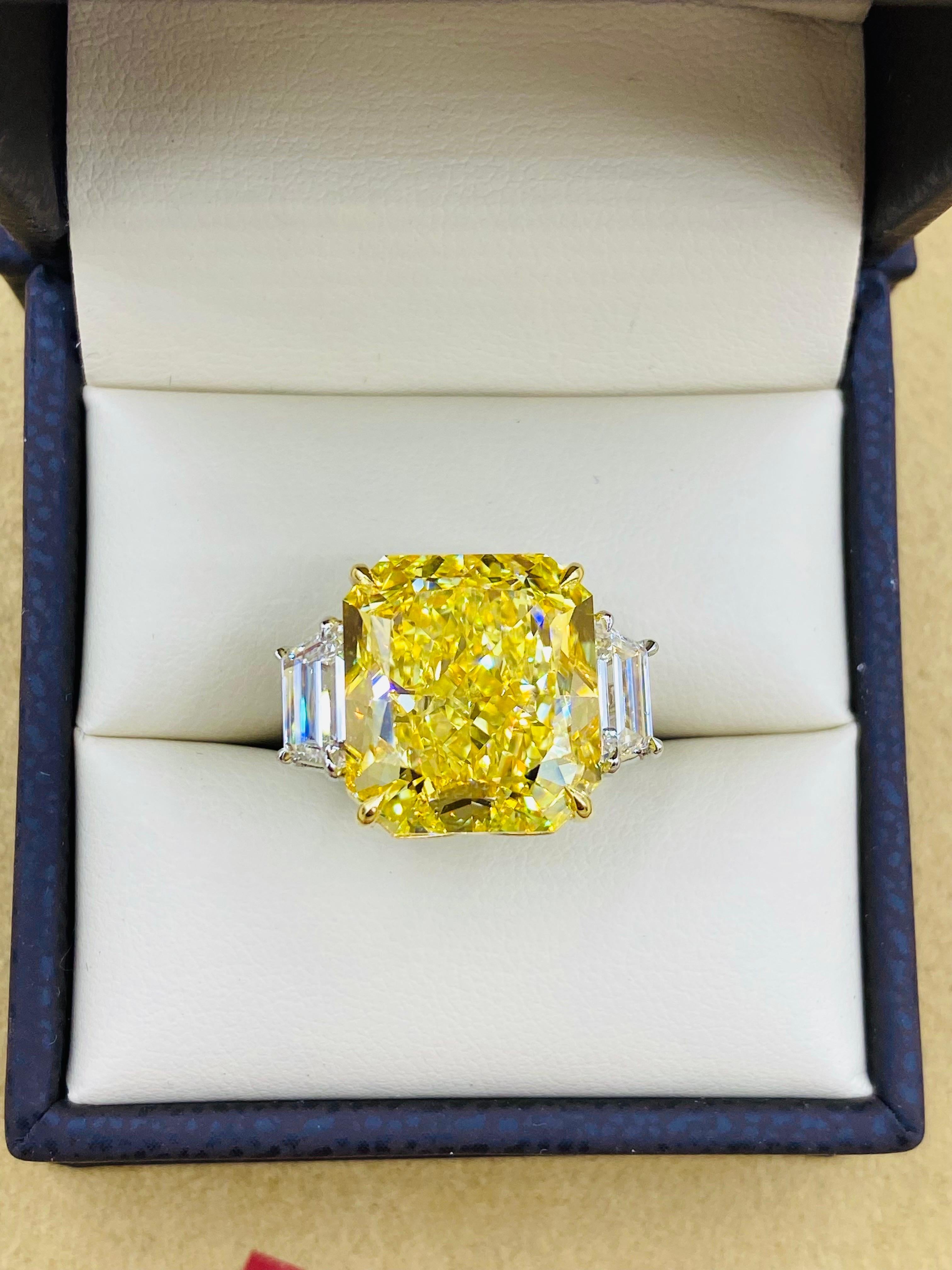 Radiant Cut Emilio Jewelry Gia Certified 15 Carat Fancy Intense Yellow Diamond Ring  For Sale