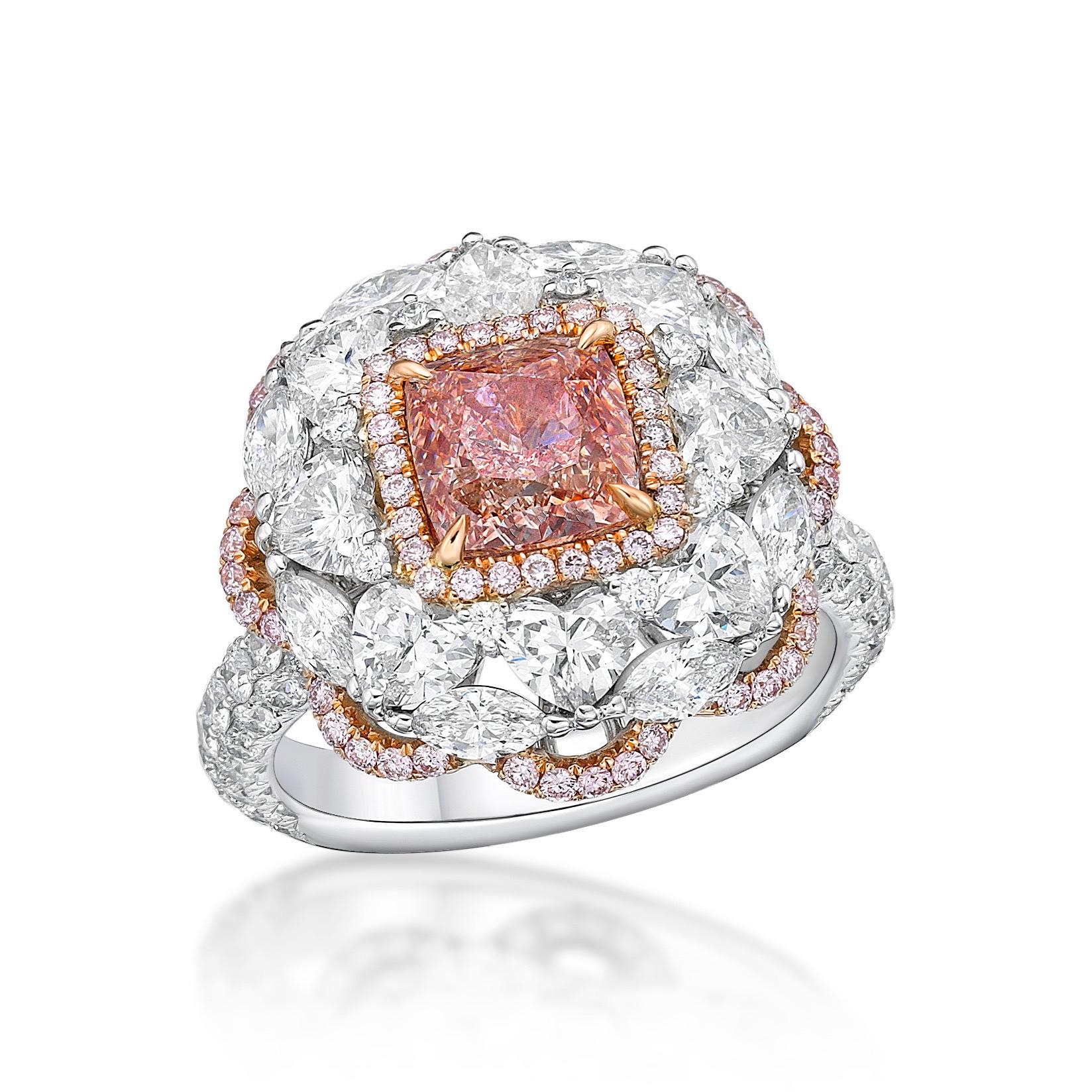 Featuring a center diamond Gia Certified Natural Fancy Pink diamond 1.53ct
8 diamond hearts 1.62ct
8 marquise diamonds 0.52ct
130 small diamonds 1.14cts 
From The Museum Vault at Emilio Jewelry Located on New York's iconic Fifth Avenue,
Hand made in