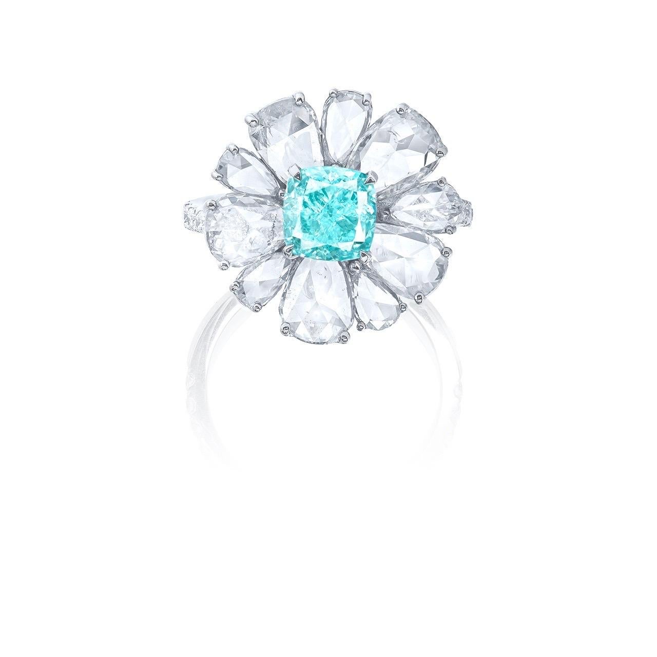 From Emilio Jewelry, a dealer and wholesaler located on New York's iconic Fifth Avenue,
Main stone: 1.50 + carat Gia certified natural Fancy L. Greenish Blue 
Matching setting: 10 white diamonds totaling about 3.15 carats, 18 white diamonds totaling