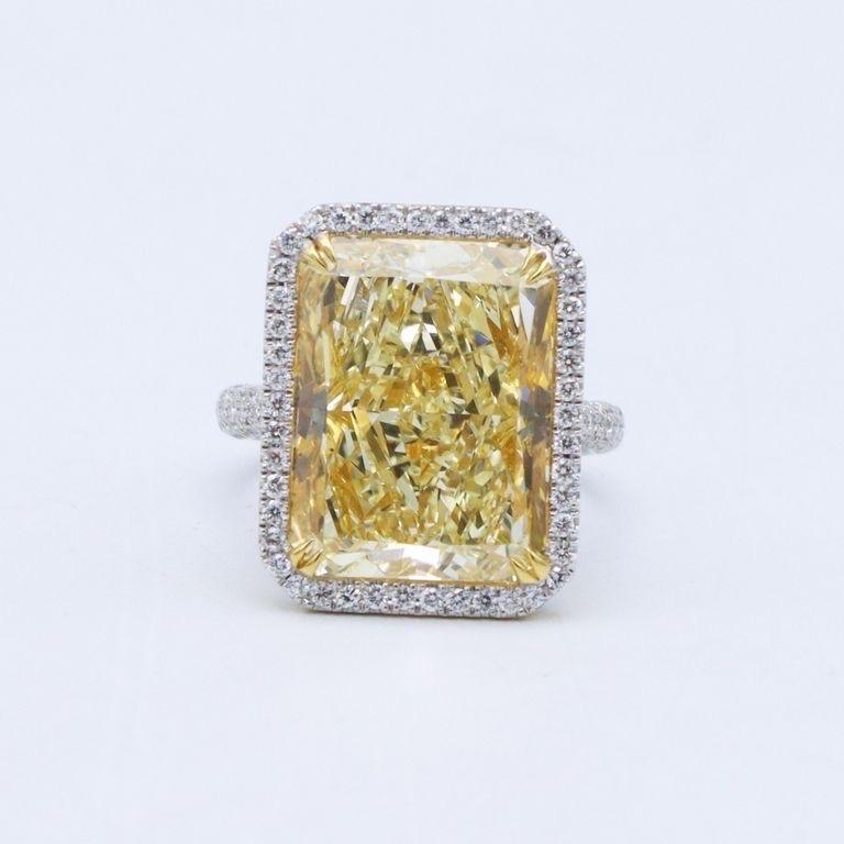 Radiant Cut Emilio Jewelry Gia Certified 15.00 Carat Yellow Diamond Ring For Sale