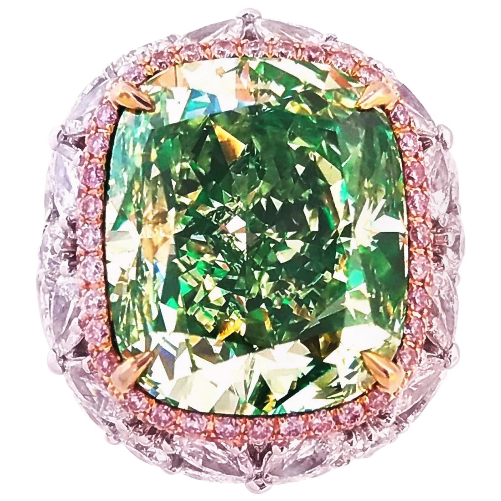 Emilio Jewelry GIA Certified 16.50 Carat Fancy Green Yellow Diamond Ring