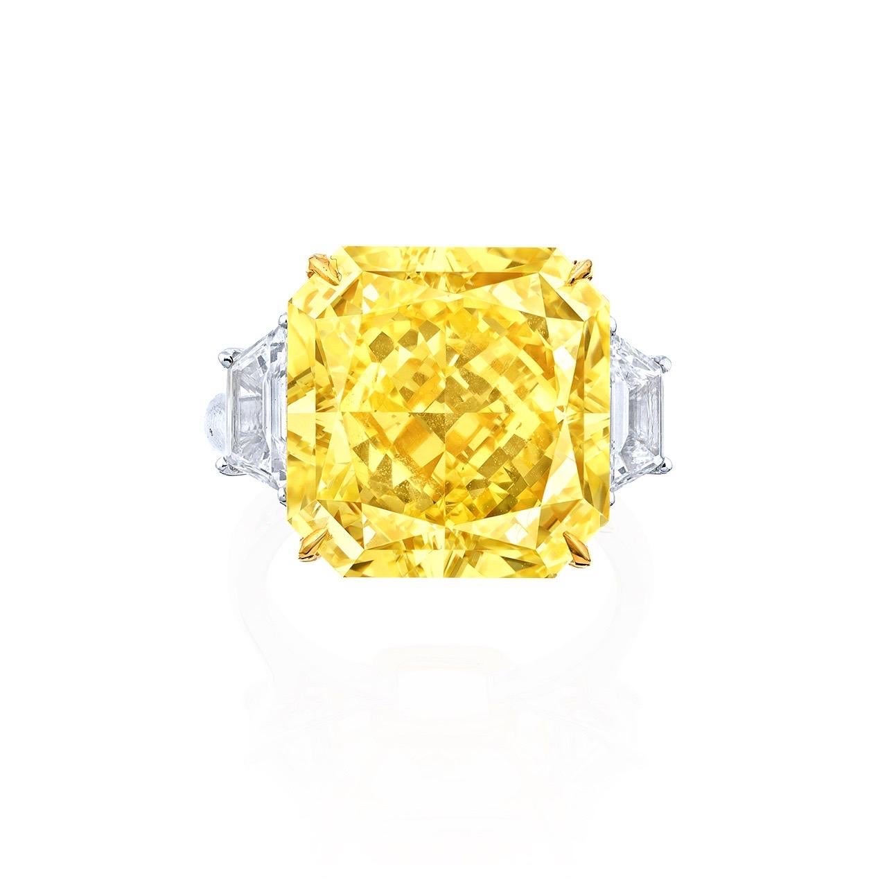 Main stone: 18.00 carat Fancy Intense Yellow, VS2, Cut-Cornered Square

From Emilio Jewelry, a well known and respected wholesaler/dealer located on New York’s iconic Fifth Avenue, 

Please inquire for more images, certificates, details, and any