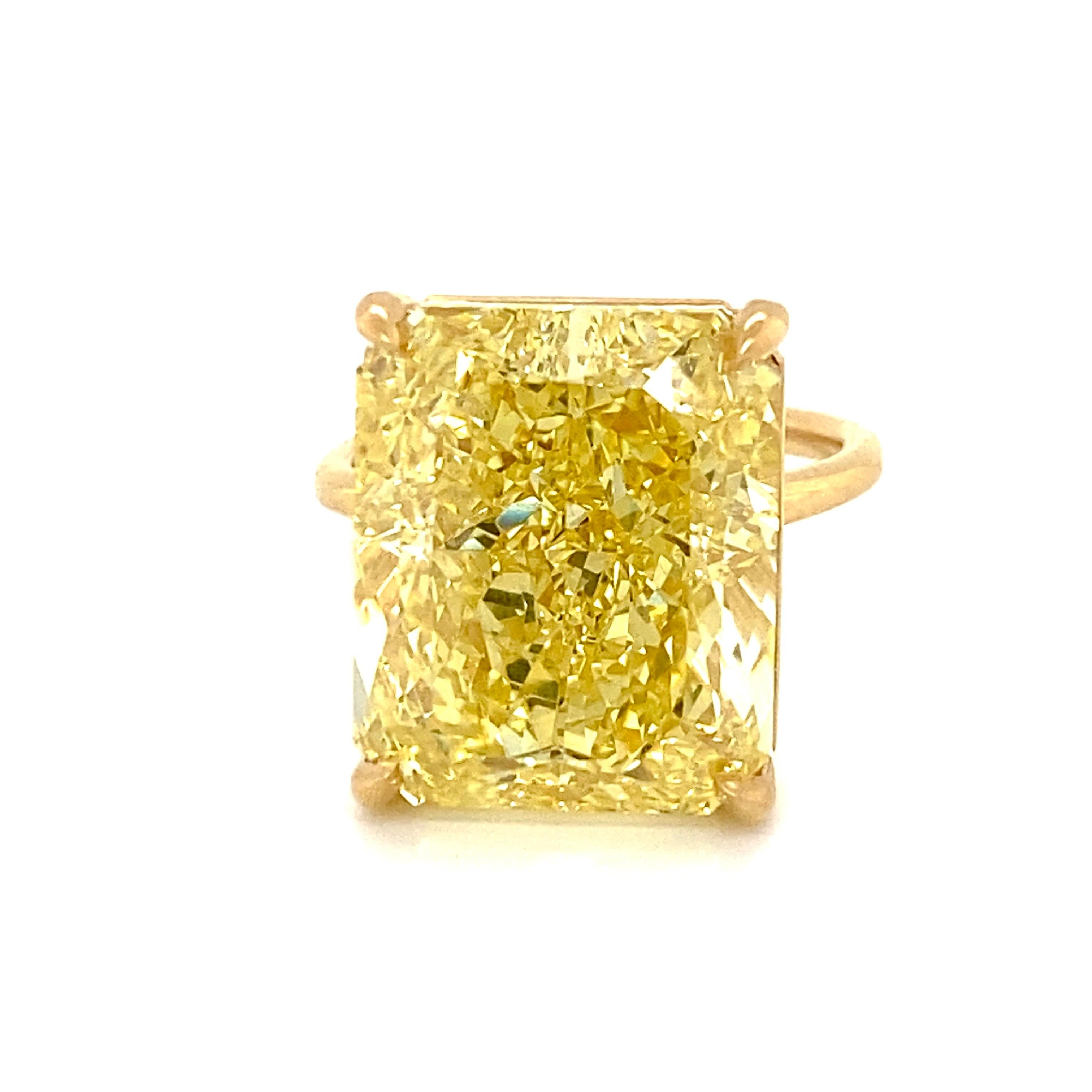 From the vault at Emilio Jewelry,

Featuring a magnificent 19.00 Carat + Elongated radiant cut fancy yellow diamond. The color saturation is very strong a must see, in our opinion with a visual comp to an intense. Please inquire for details. 
