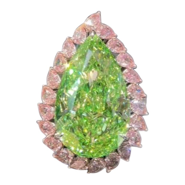 Emilio Jewelry Gia Certified 19.00 Carat Pear Greenish Pink Diamond Ring For Sale