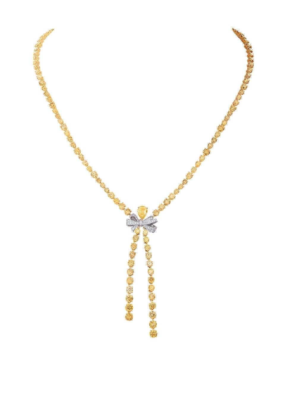 Pear Cut Emilio Jewelry GIA Certified 21.00 Carat Fancy Intense Yellow Diamond Necklace