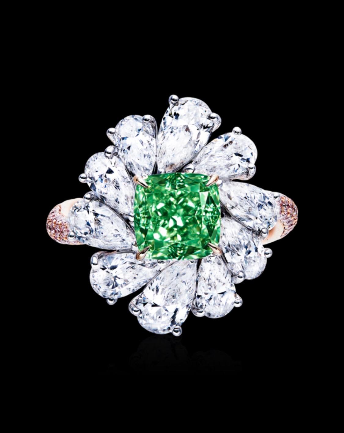 Showcasing a very special certified 2.30ct natural fancy intense green diamond ring certified by GIA. We are proud to showcase one of the very few if any at all..natural intense green diamonds of this size on the market. Hand made in the Emilio