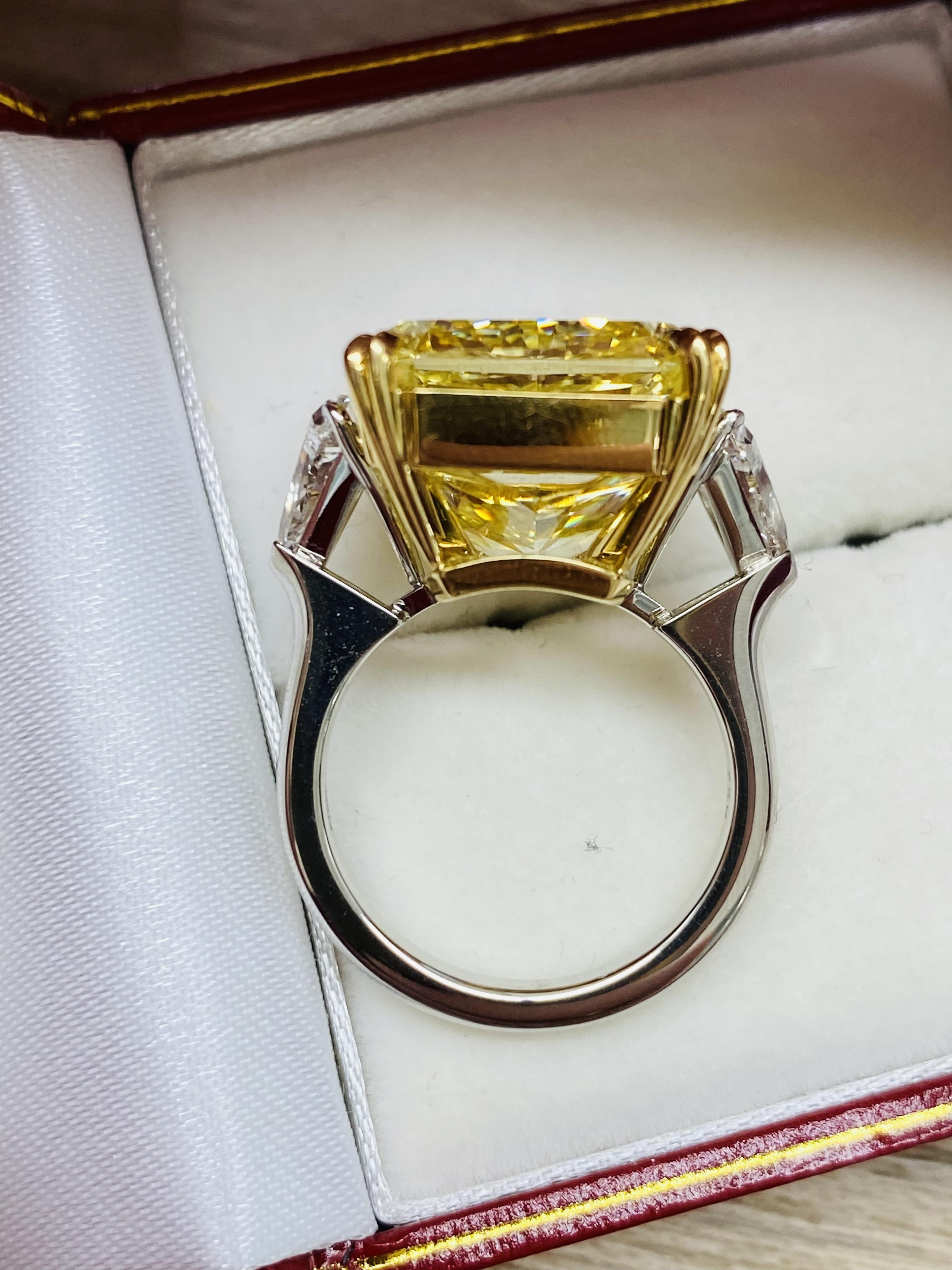 Radiant Cut Emilio Jewelry Gia Certified 23.00 Carat Fancy Intense Flawless Diamond Ring For Sale