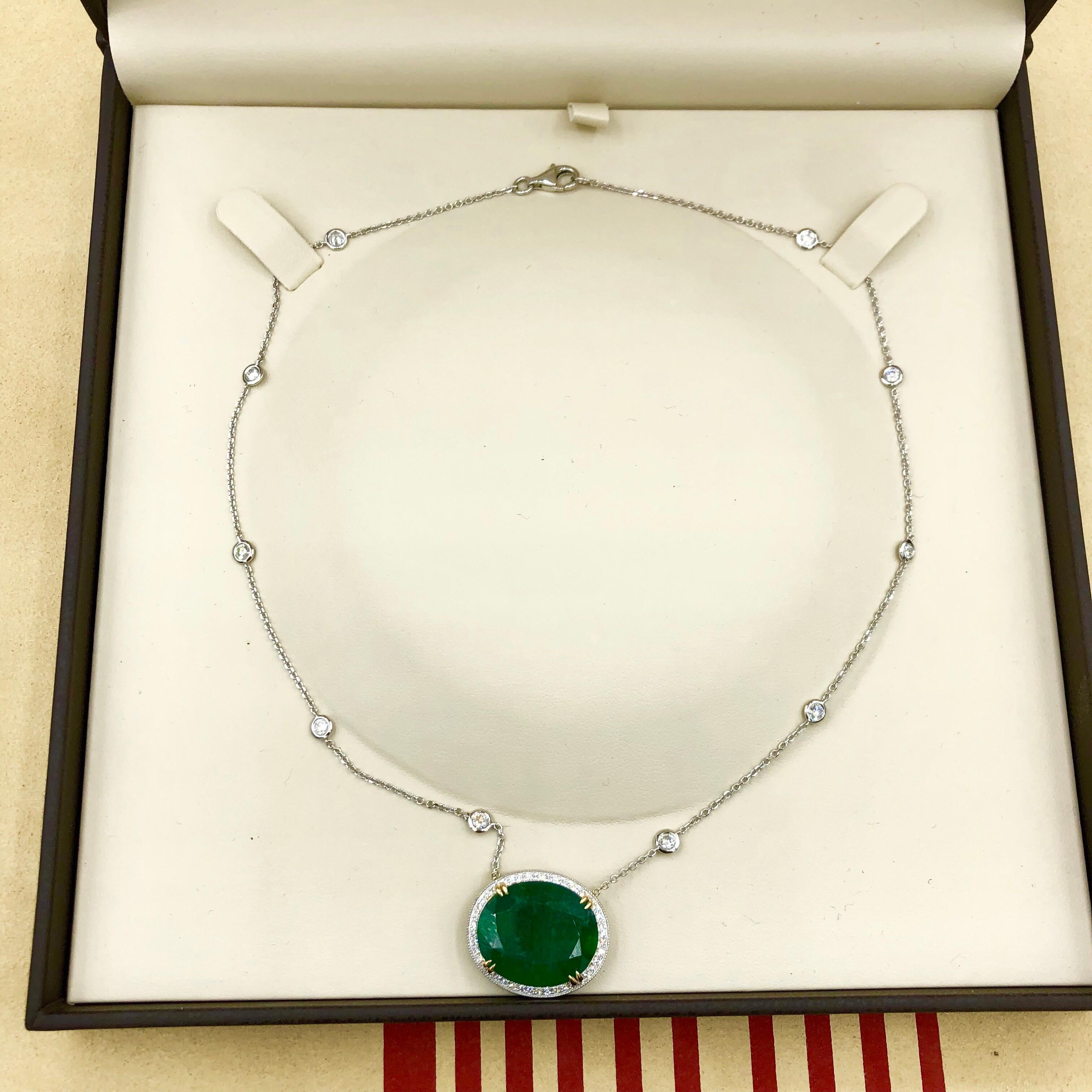 Emilio Jewelry GIA Certified 23.24 Carat Genuine Emerald Diamond Necklace 2