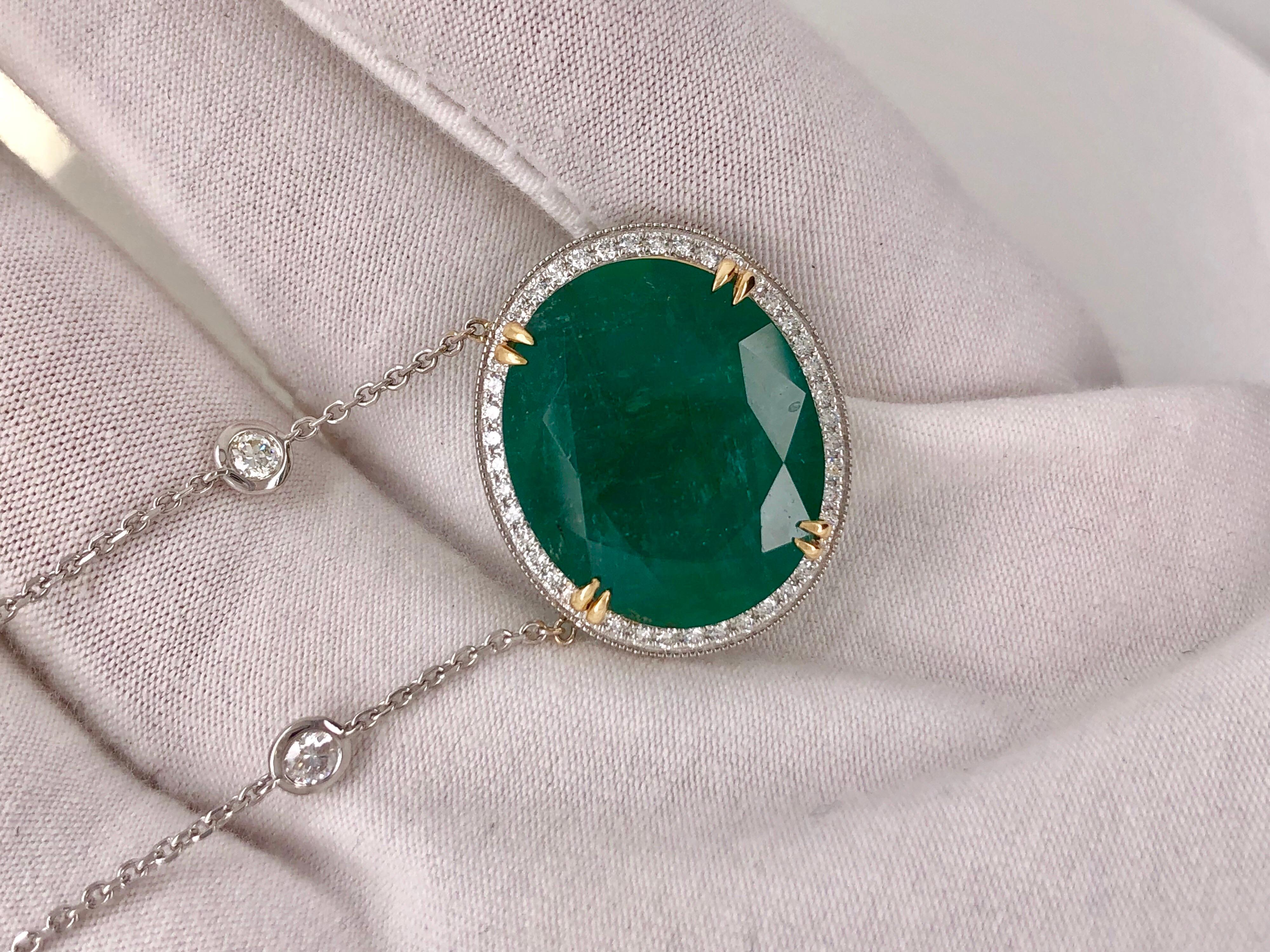 Oval Cut Emilio Jewelry GIA Certified 23.24 Carat Genuine Emerald Diamond Necklace
