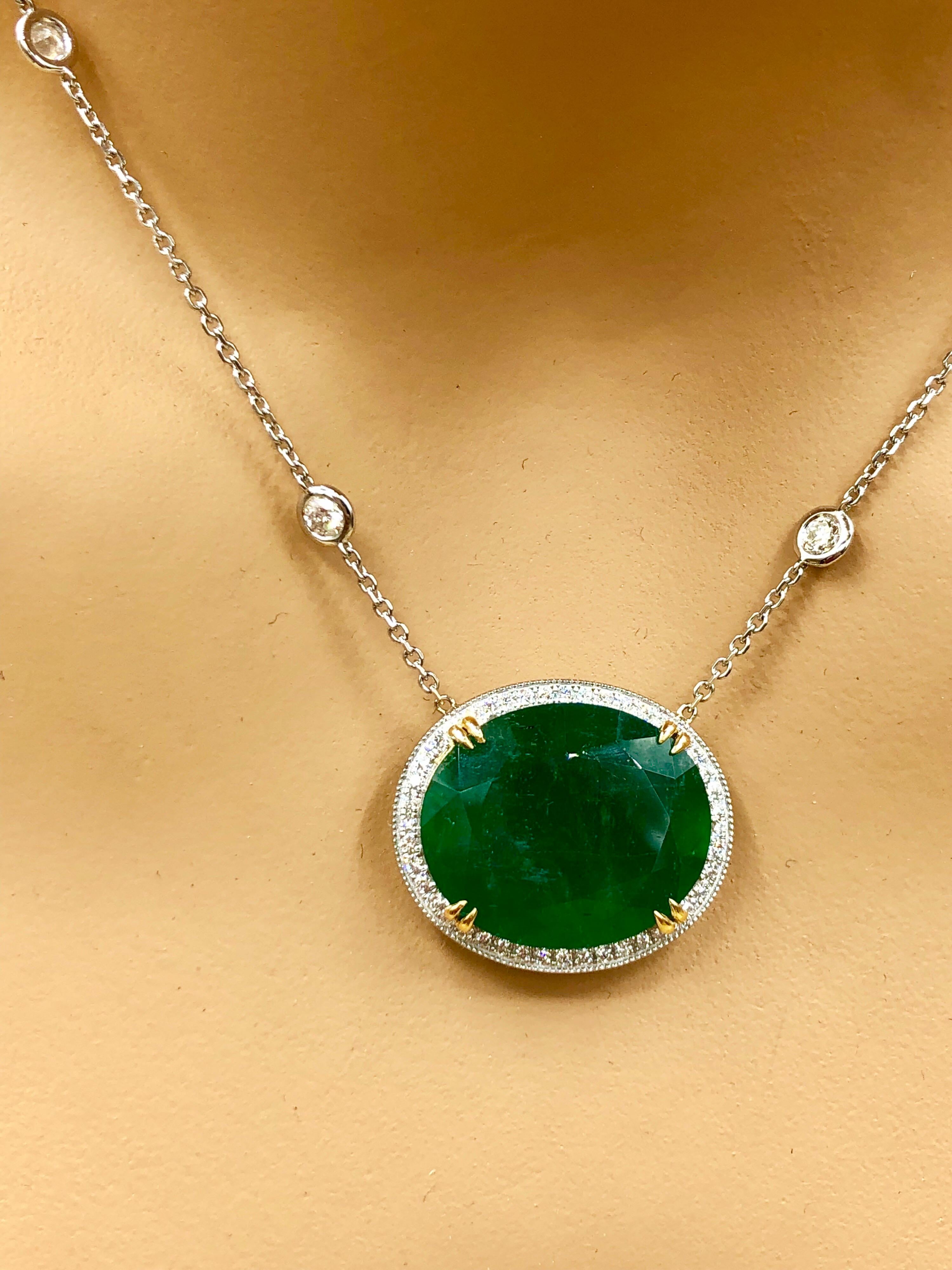 Women's or Men's Emilio Jewelry GIA Certified 23.24 Carat Genuine Emerald Diamond Necklace