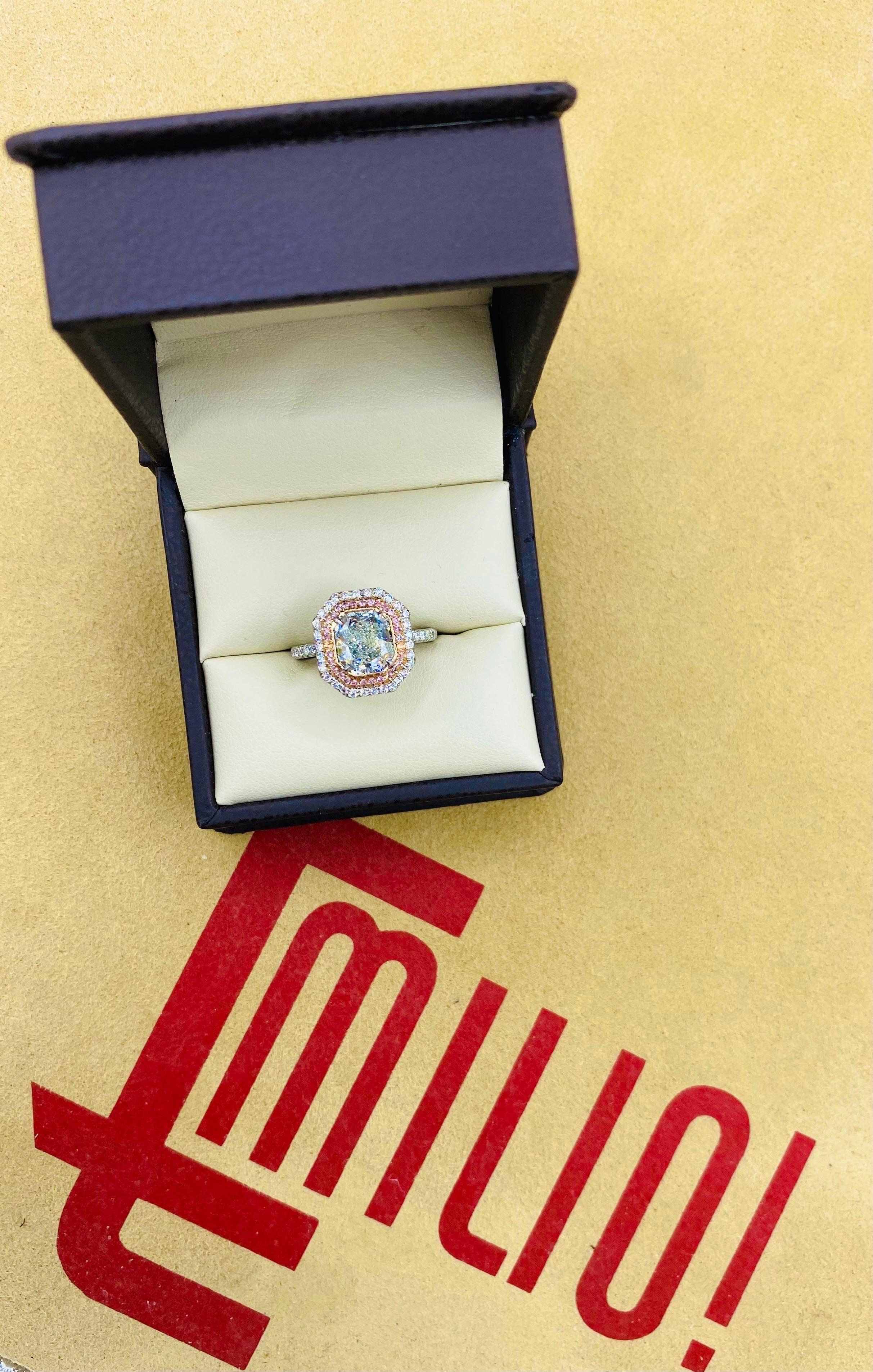 Radiant Cut Emilio Jewelry Gia Certified 2.44 Carat Natural Blue Diamond Ring 