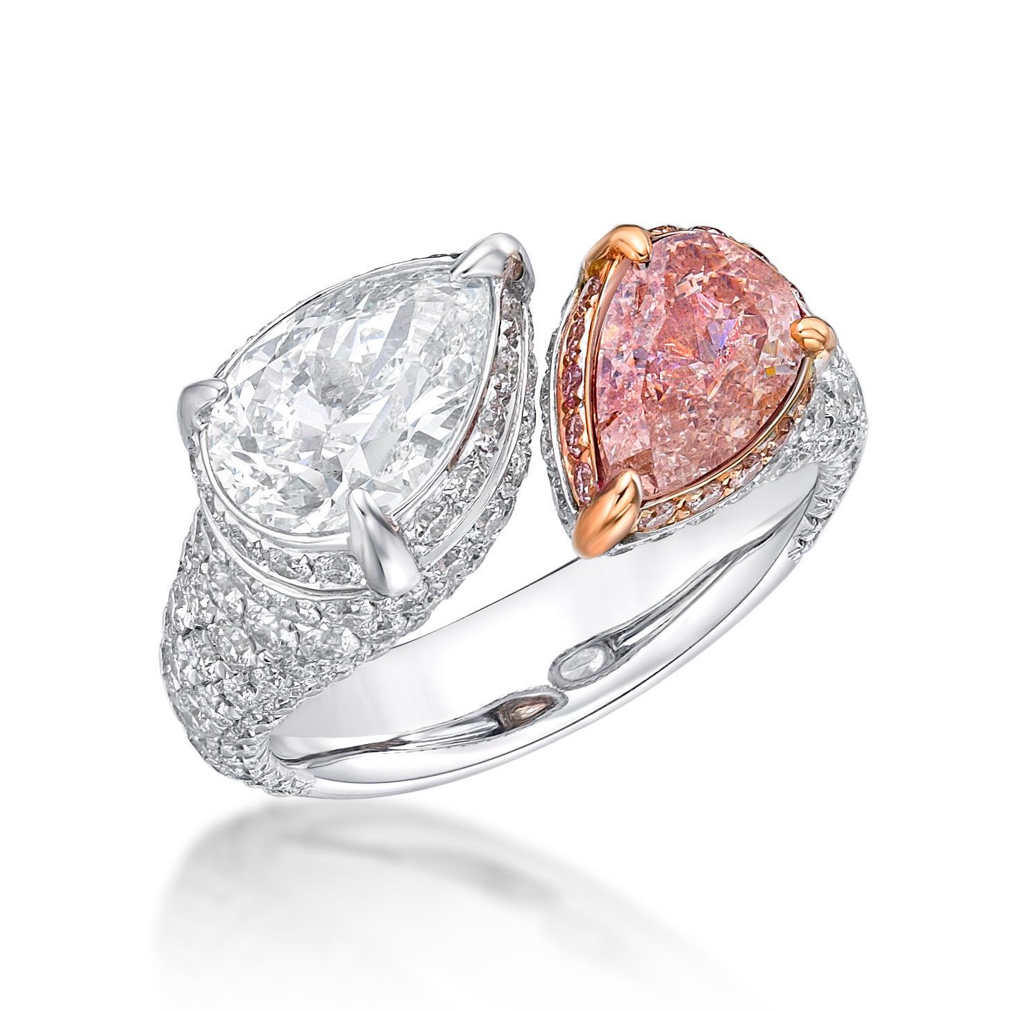 Taille poire Emilio Jewelry, bague en diamant rose Toi E Moi de 2,77 carats certifié GIA en vente