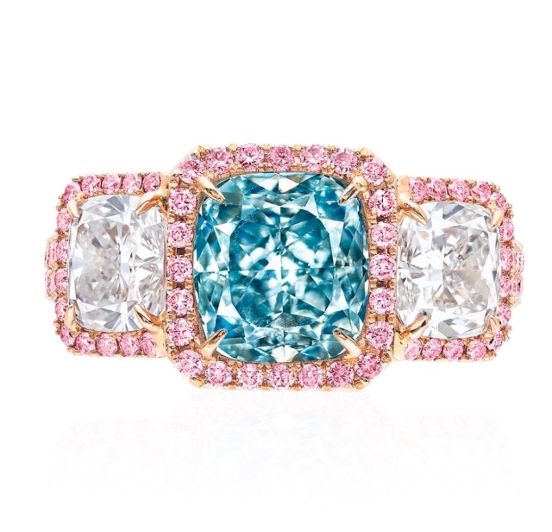 Radiant Cut Emilio Jewelry GIA Certified 2.50 Carat Fancy Intense Greenish Blue Diamond Ring For Sale