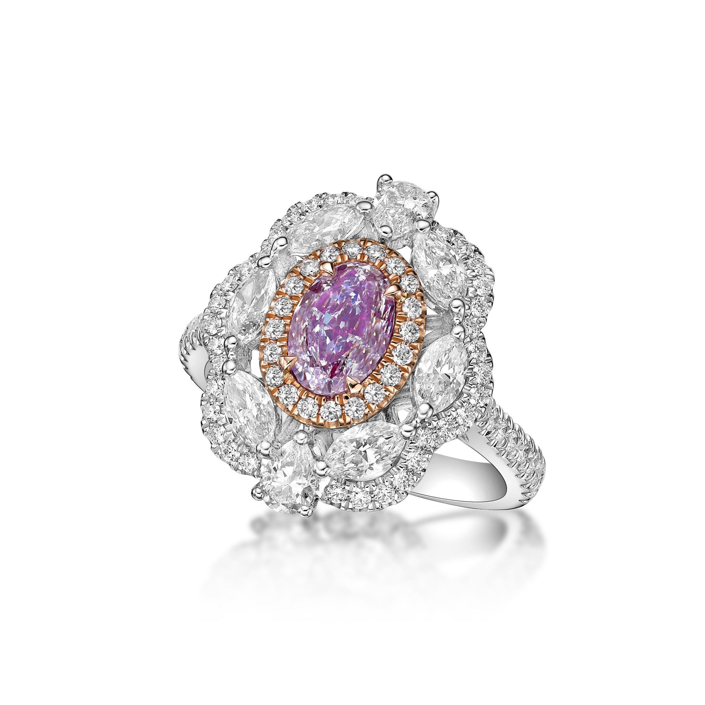 6 marquise diamonds 0.86ct
center: 1 oval purple diamond 1.08ct
2 diamonds total 0.30ct
72 diamonds total .51ct
From The Museum Vault at Emilio Jewelry Located on New York's iconic Fifth Avenue,
Showcasing a very special and rare Gia certified