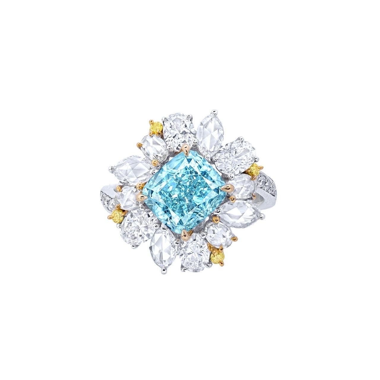 Cushion Cut Emilio Jewelry GIA Certified 3.00 Carat Fancy Blue Diamond Ring For Sale