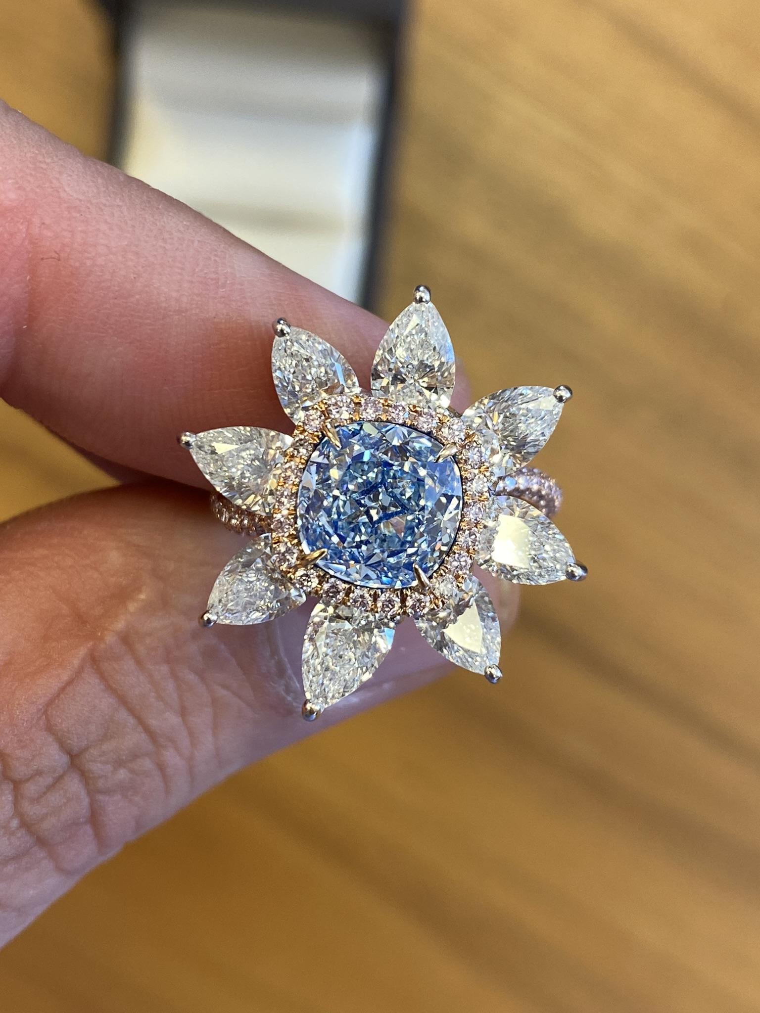 Cushion Cut Emilio Jewelry Gia Certified 3.00 Carat Fancy Blue Diamond Ring For Sale