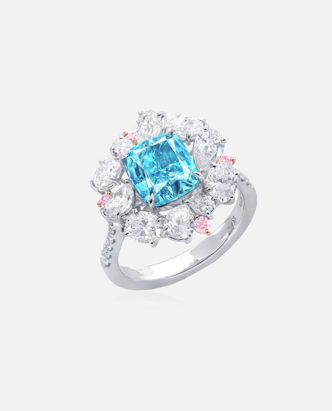 Cushion Cut Emilio Jewelry GIA Certified 3.00 Carat Fancy Green Blue Diamond Ring  For Sale