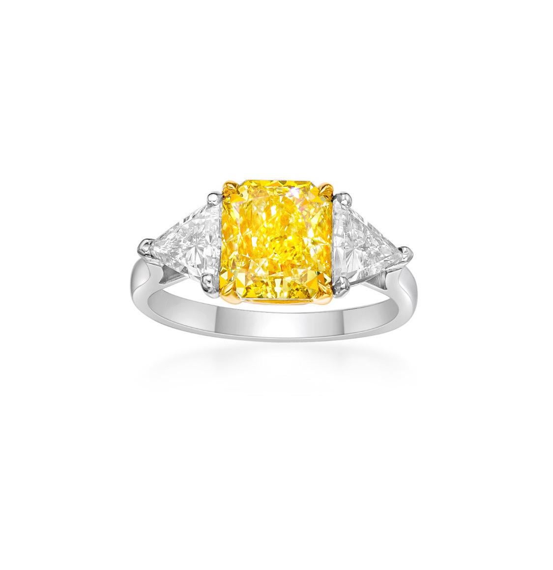 Radiant Cut Emilio Jewelry Gia Certified 3.00 Carat Fancy Vivid Yellow Diamond Ring   For Sale