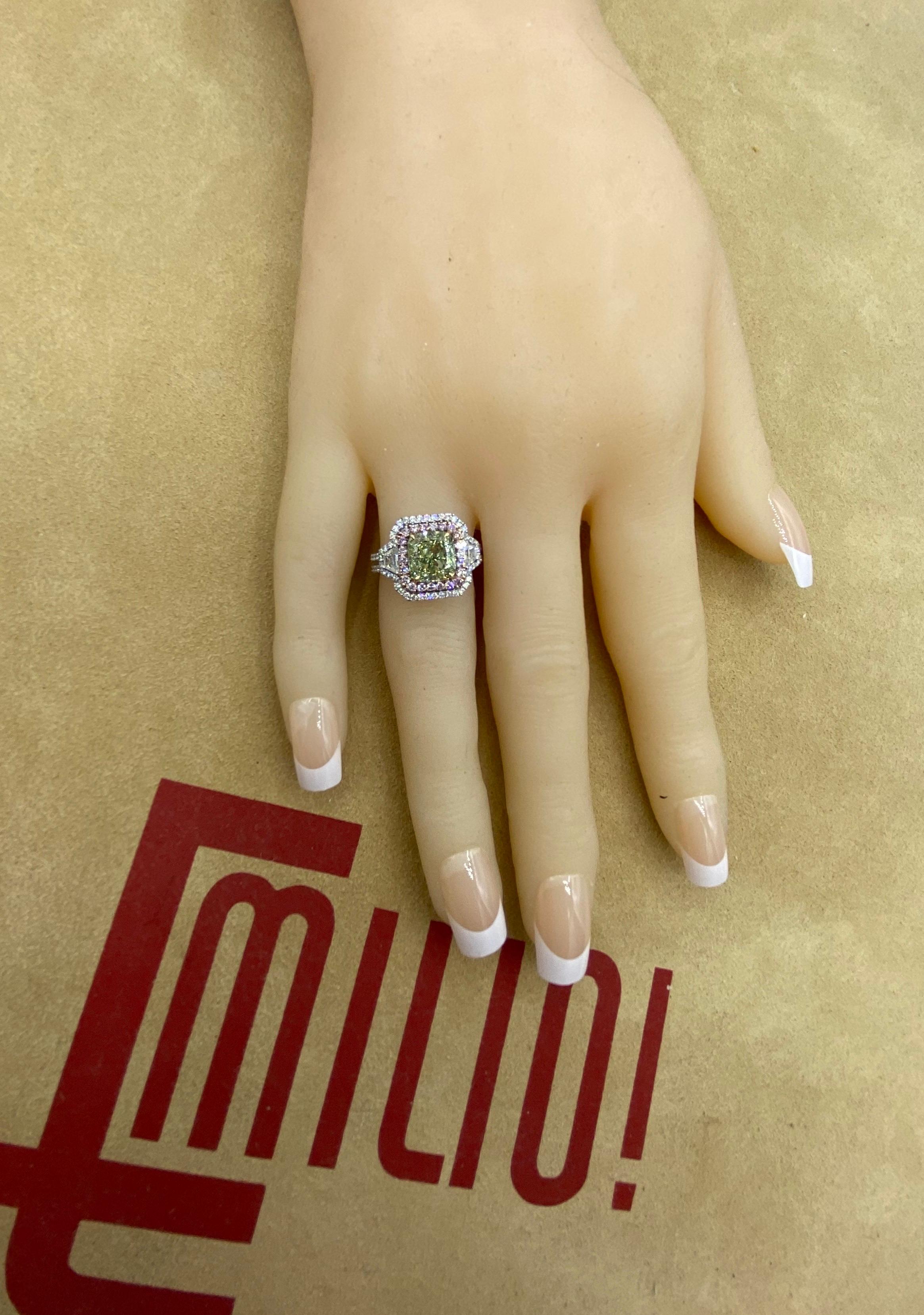 Emilio Jewelry GIA Certified 3.00 Carat Fancy Yellow Green Diamond Ring 5