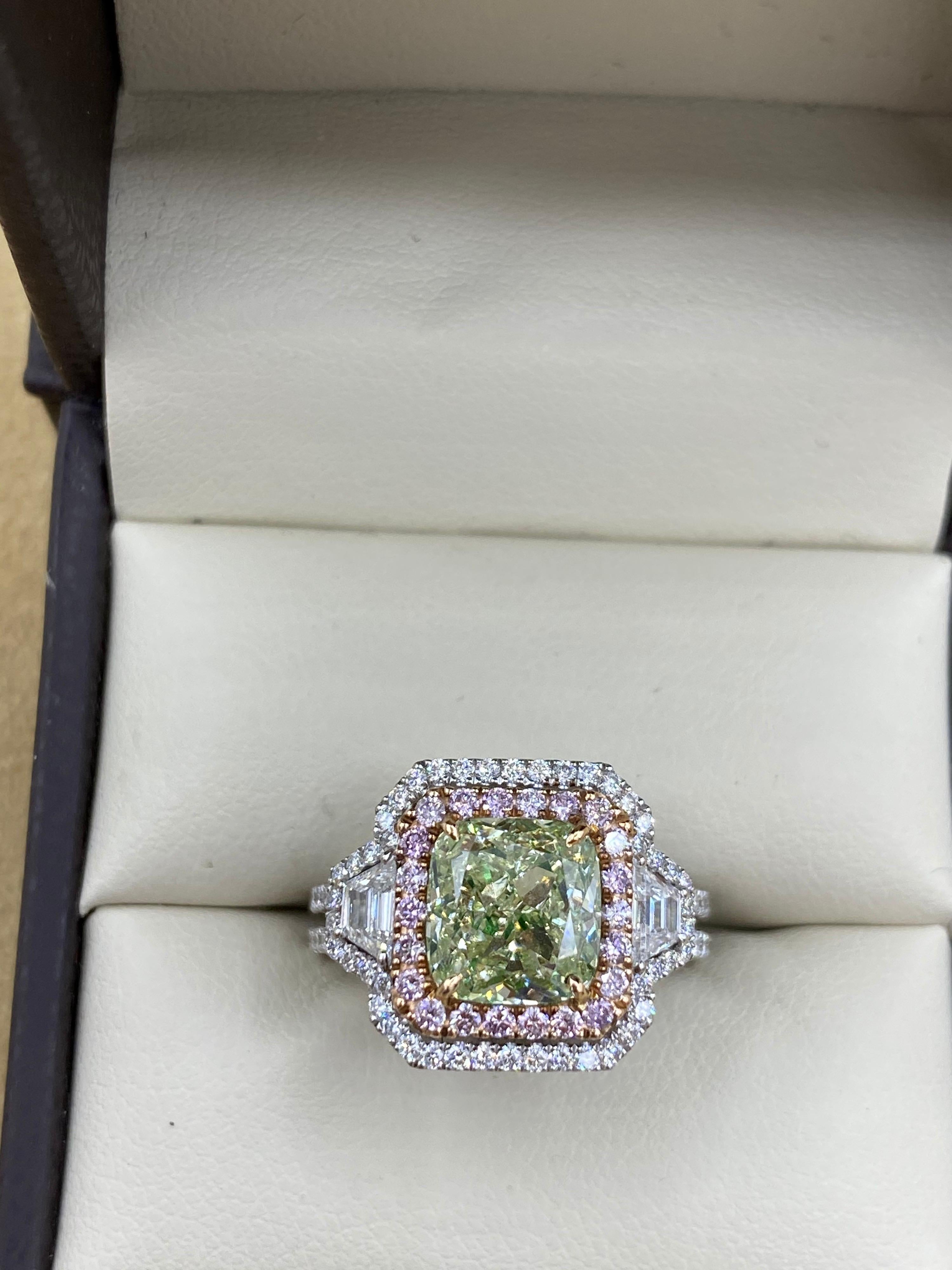 Emilio Jewelry GIA Certified 3.00 Carat Fancy Yellow Green Diamond Ring 1