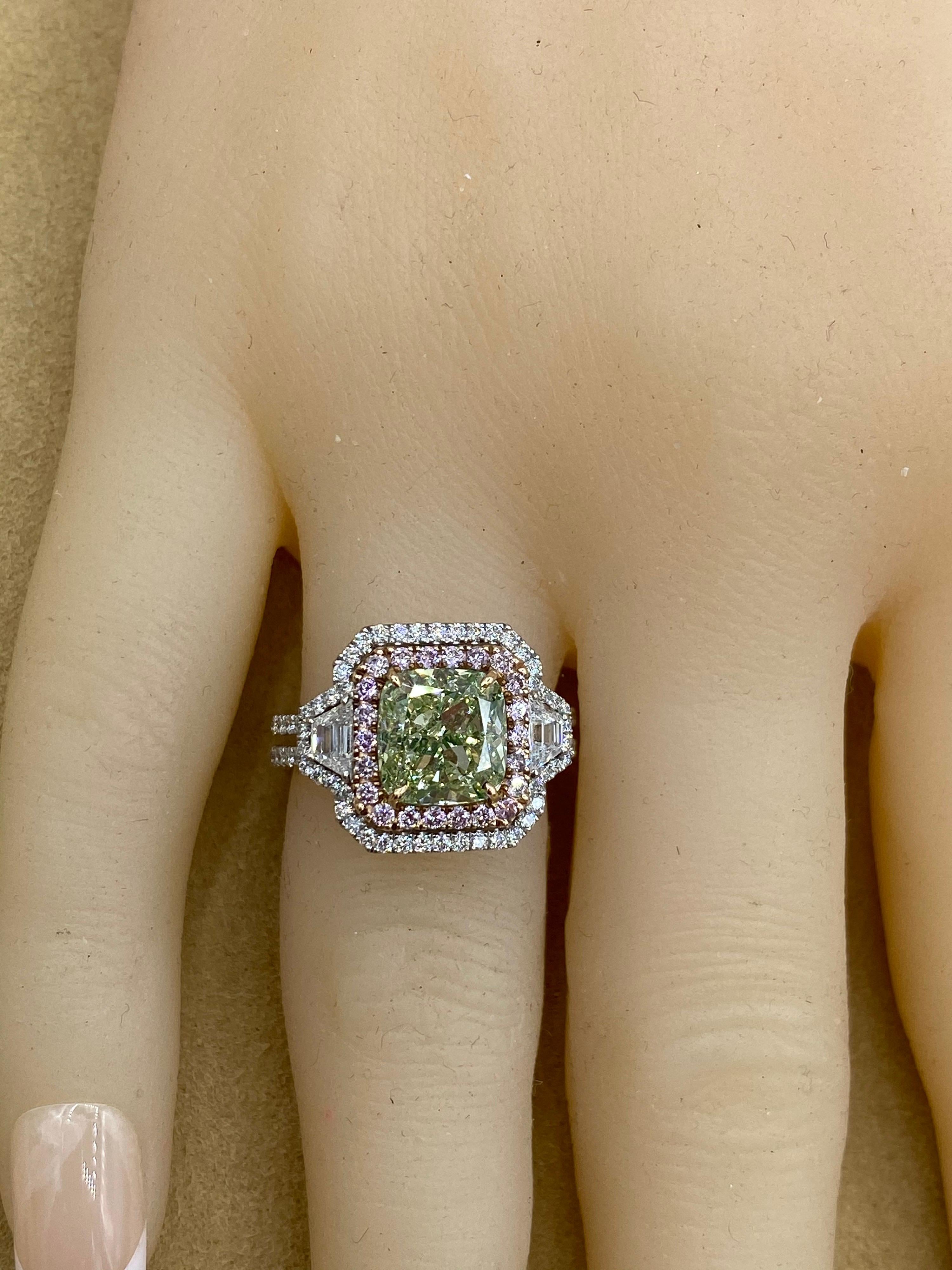Emilio Jewelry GIA Certified 3.00 Carat Fancy Yellow Green Diamond Ring 3