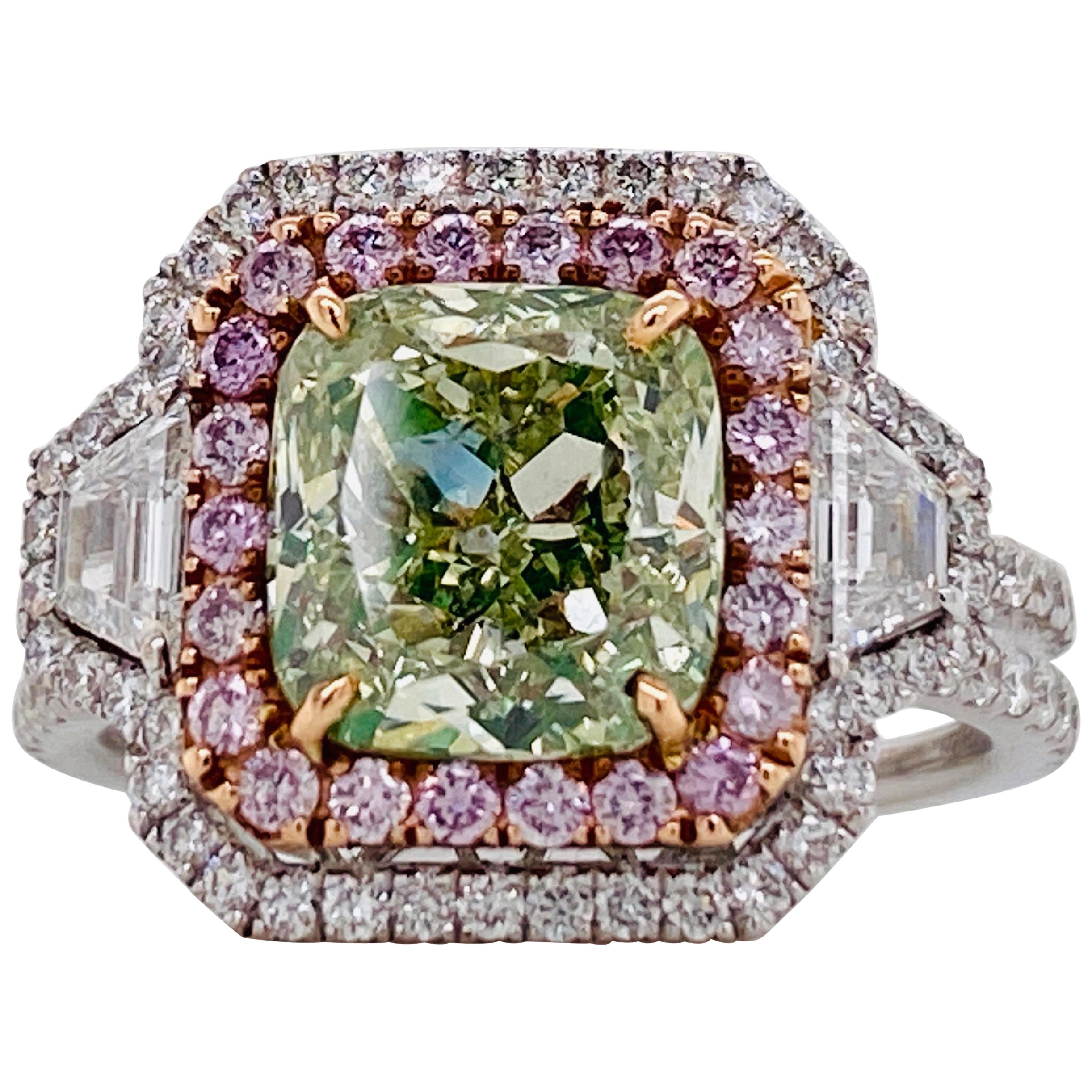 Emilio Jewelry GIA Certified 3.00 Carat Fancy Yellow Green Diamond Ring