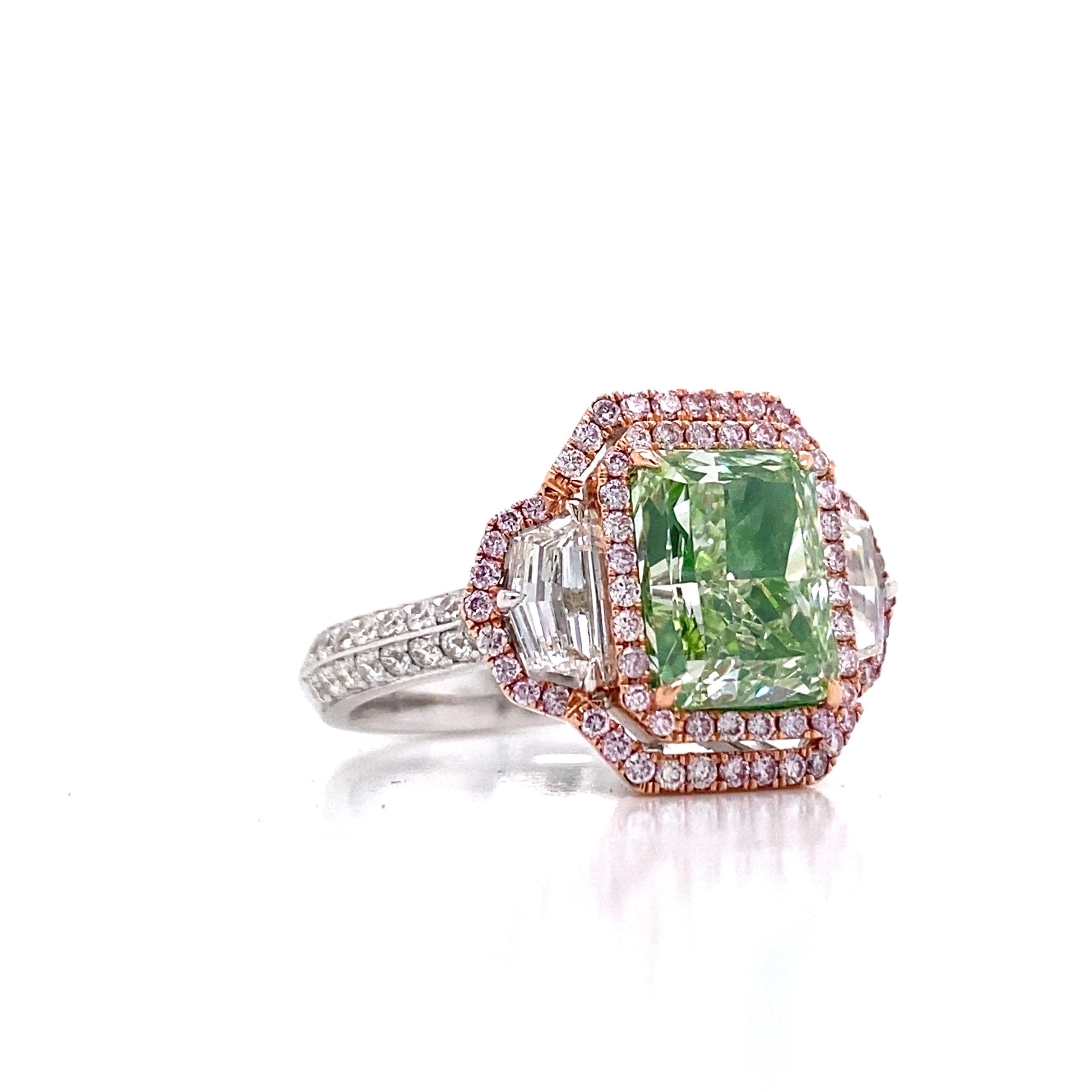 Radiant Cut Emilio Jewelry GIA Certified 3.00 Carat Greenish Diamond Ring For Sale