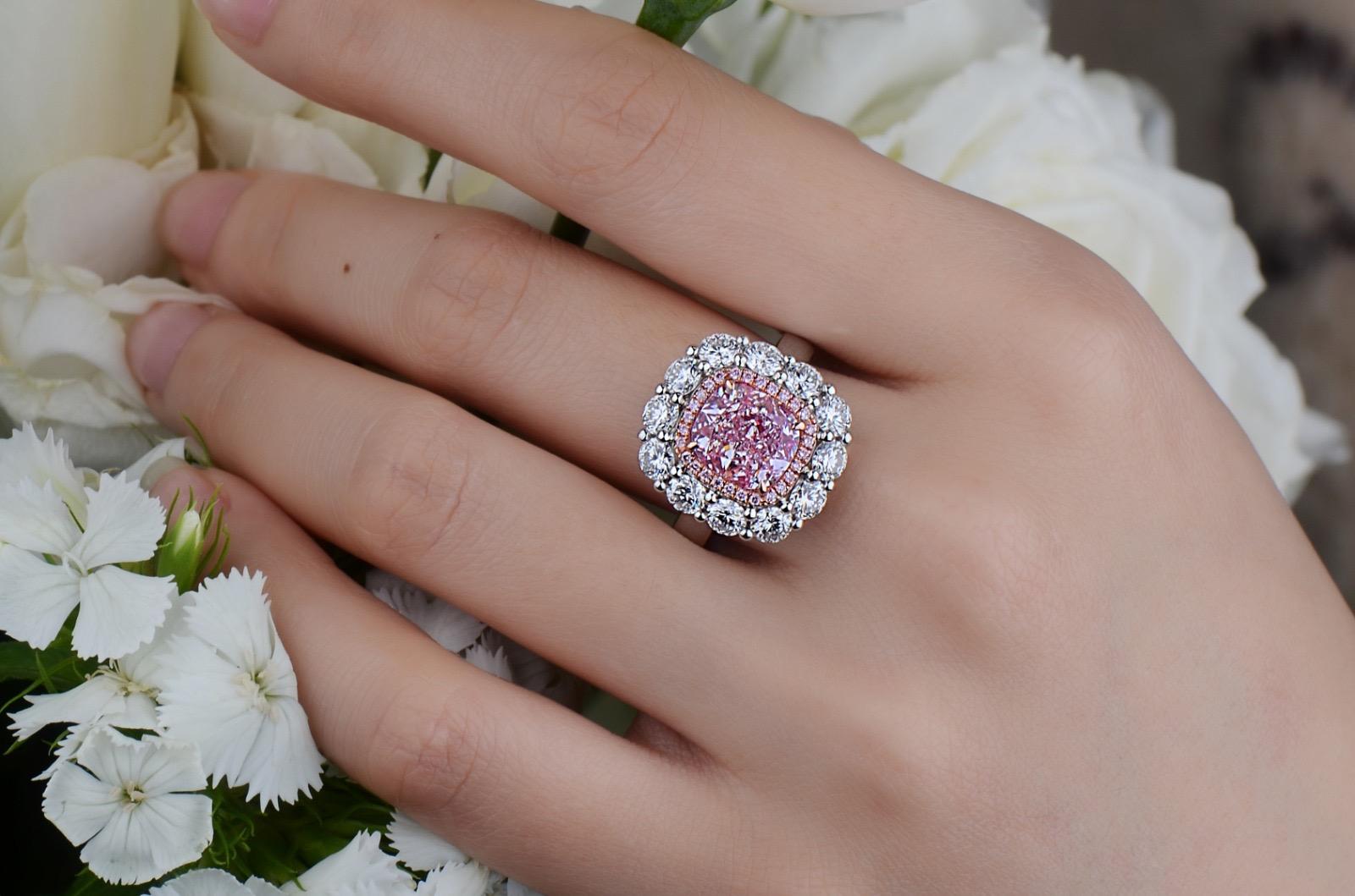 From the Emilio Jewelry Museum Vault, Showcasing a magnificent investment grade 3.00 carat Gia certified natural fancy light pure pink diamond center stone. With Emilio's expertise after setting the center faces up with a visual of fancy intense