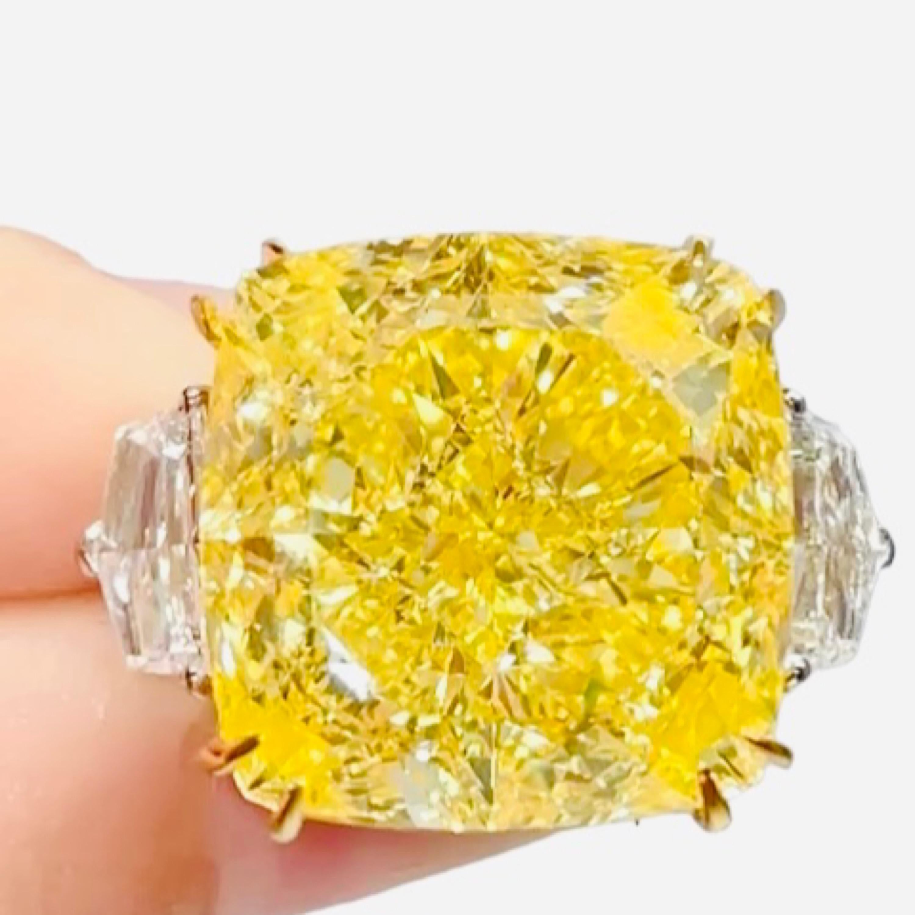 Cushion Cut Emilio Jewelry Gia Certified 34.00 Carat Fancy Intense Yellow Diamond Ring  For Sale