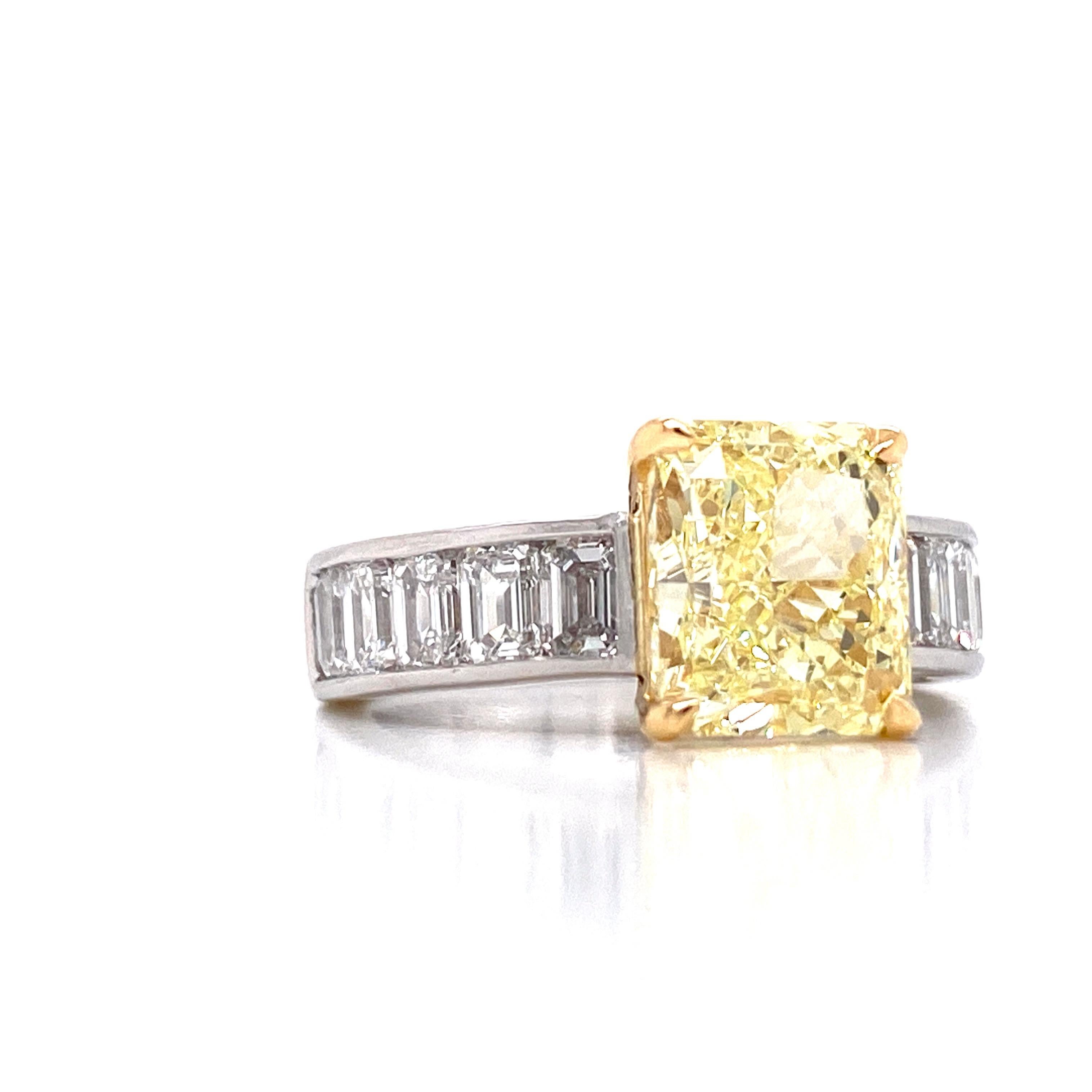 From the Emilio Jewelry Vault, Showcasing a stunning 3.50ct Gia Certified natural pure fancy yellow diamond set in the center. The mounting was specially made for the center stone.
 Emilio is an expert in natural fancy colored diamonds and