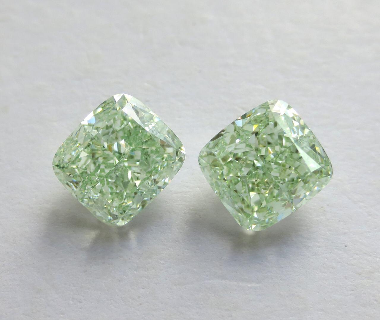 From the Emilio Jewelry Vault, Showcasing a stunning pair of Gia certified 4.00 Carat total weight natural Fancy yellowish green diamonds. This pair is very special because gia has given the overtone color “yellowish green” as opposed to “yellow