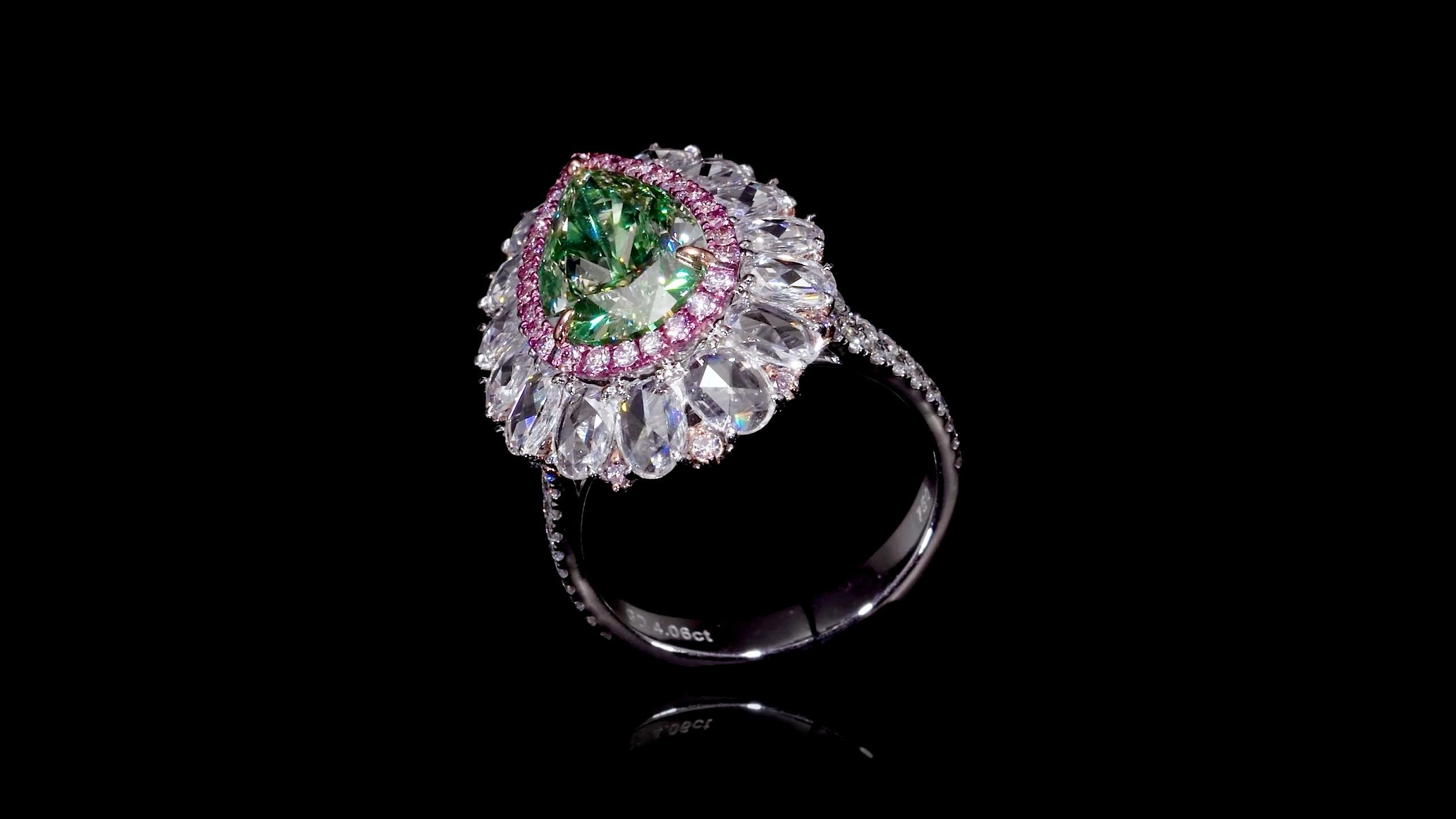 Pear Cut Emilio Jewelry Gia Certified 4.00 Carat Fancy Greenish Yellow Diamond Ring For Sale
