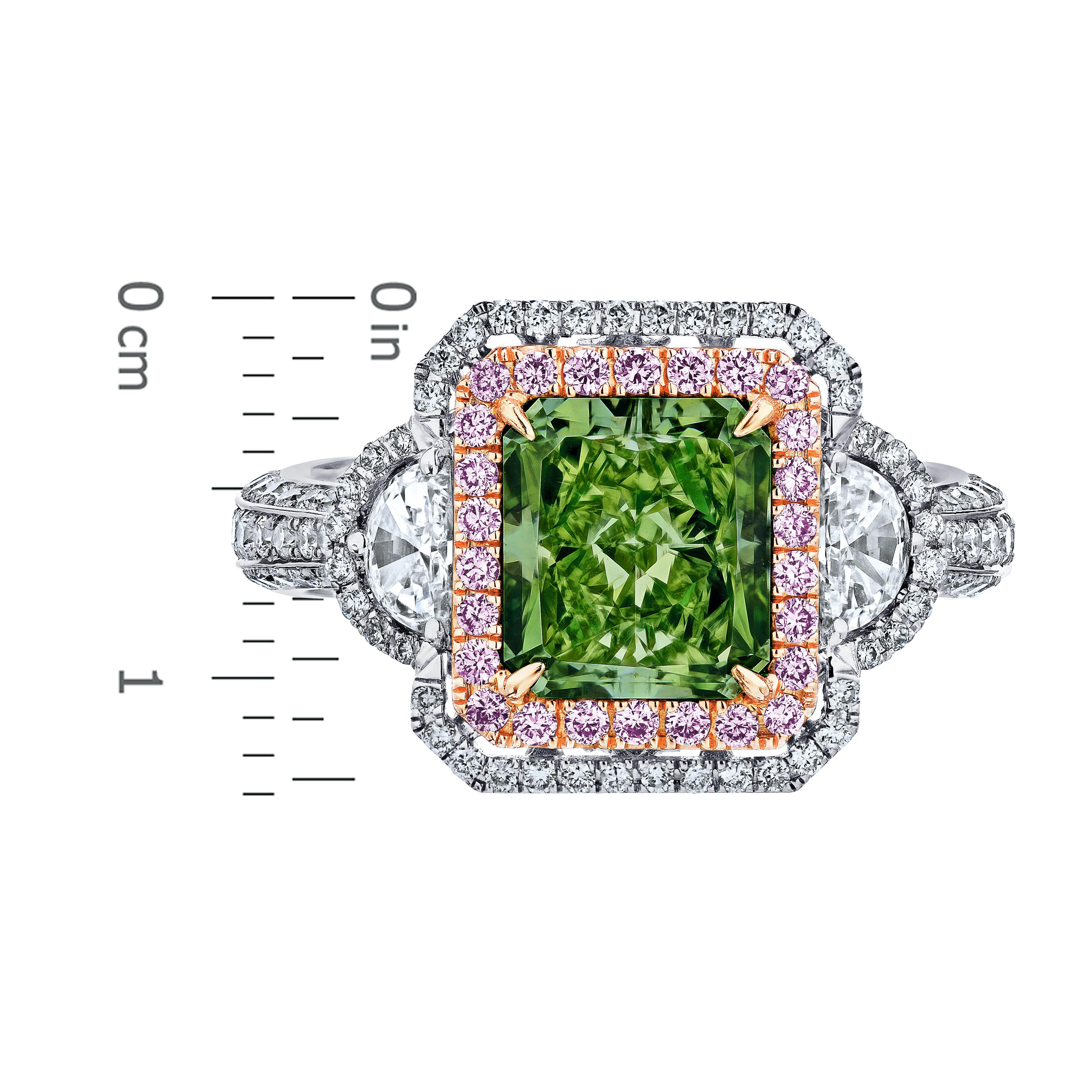 Video is available please request! 
Hand made in the Emilio Jewelry Factory, this ring is a work of art and the one and only found in the world. Natural Green Diamonds are of the rarest diamond colors found in the entire world. This  ring features a