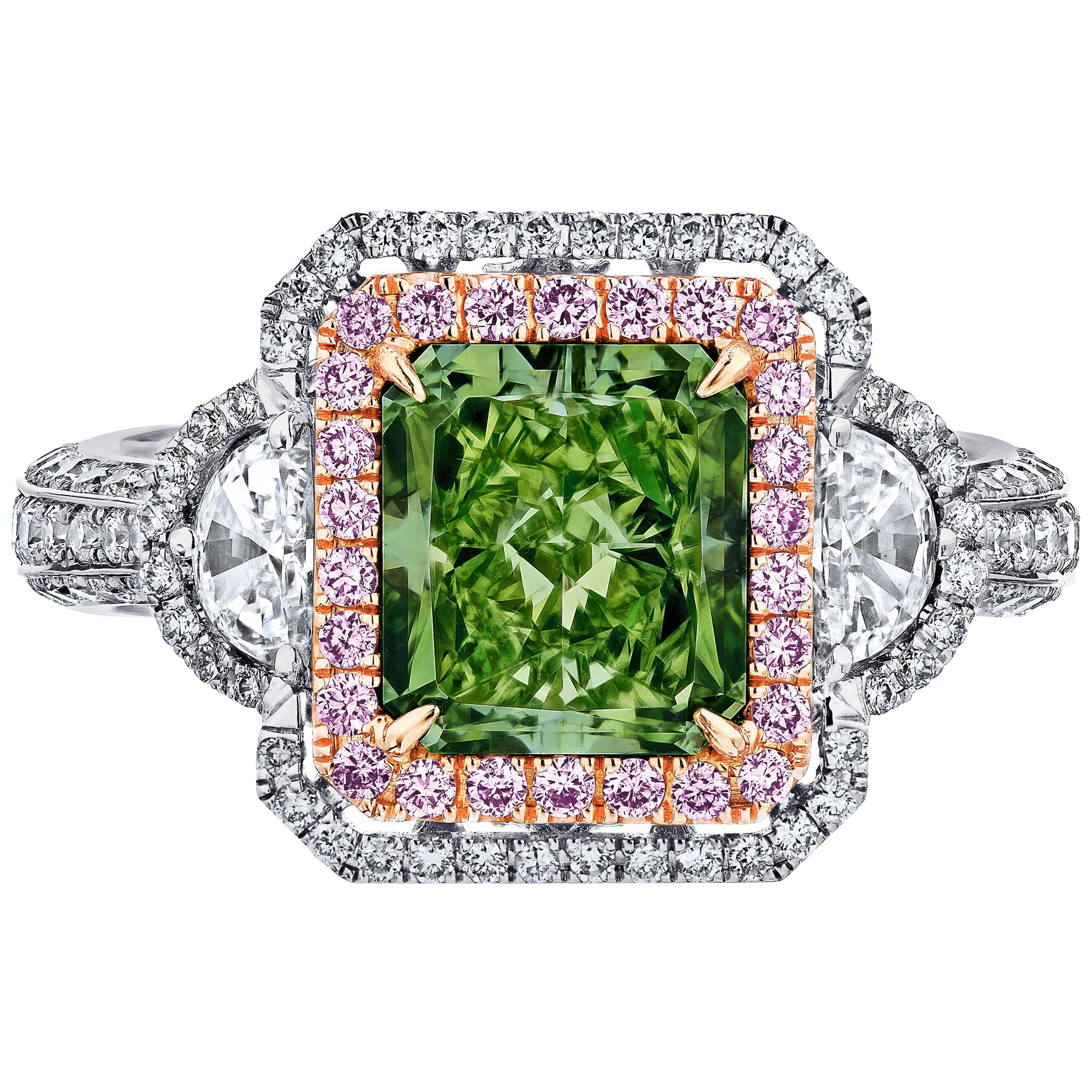 Emilio Jewelry GIA Certified 4.71 Carat Fancy Intense Green Diamond Ring