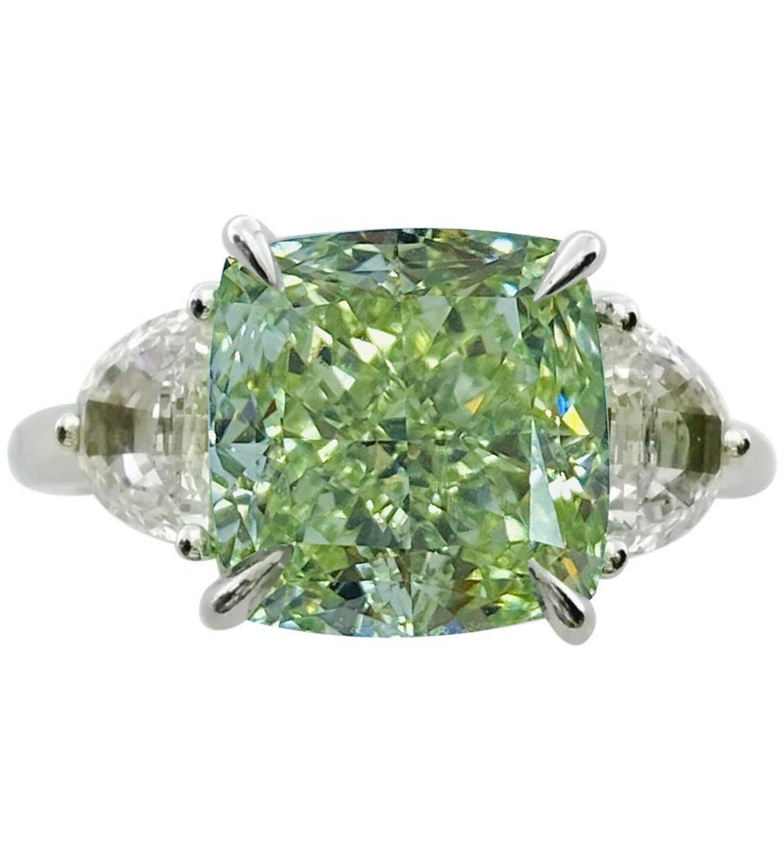 Cushion Cut Emilio Jewelry GIA Certified 4.78 Carat Total Weight Fancy Green Diamond Ring 