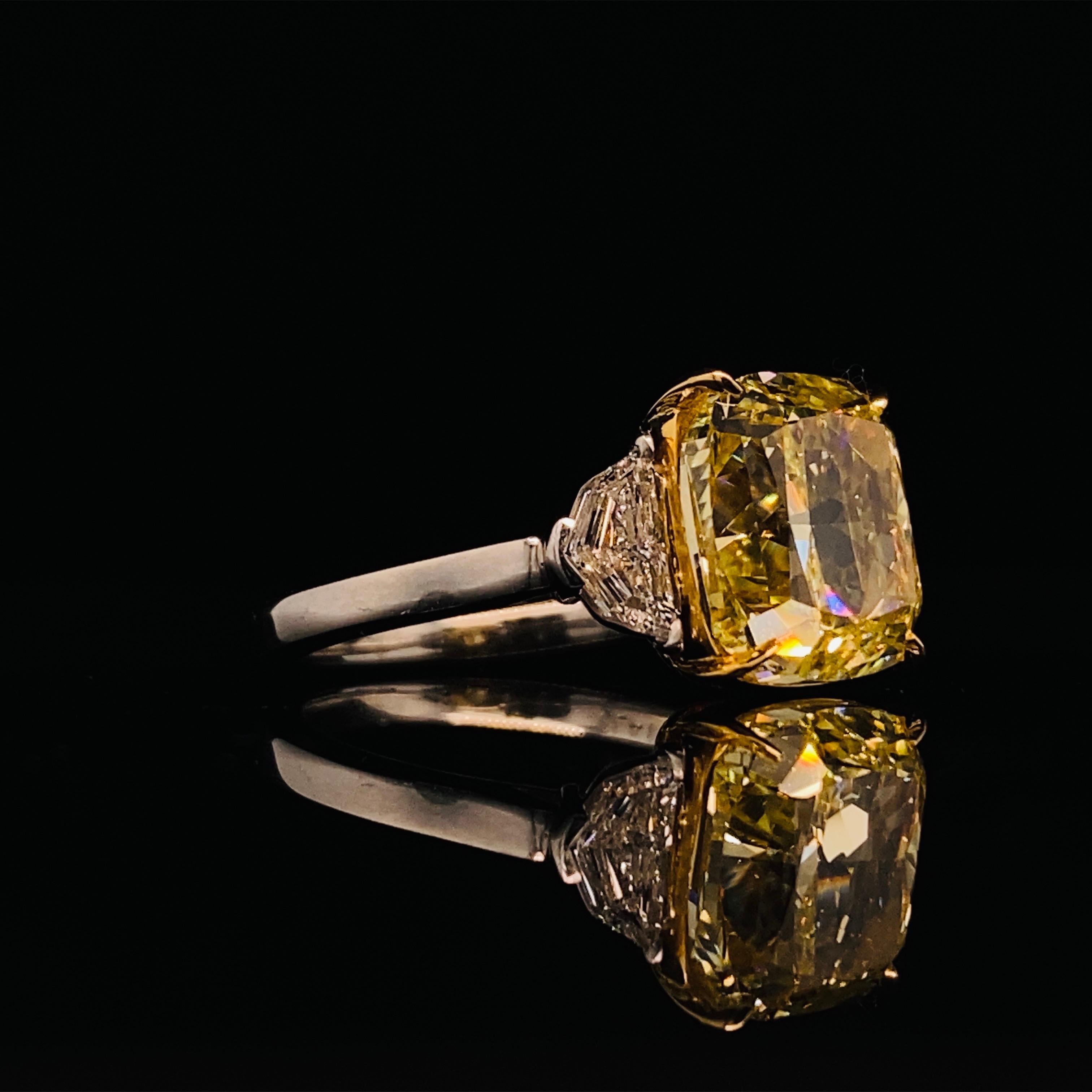 Cushion Cut Emilio Jewelry GIA Certified 5.80 Carat Fancy Intense Yellow Diamond Ring For Sale