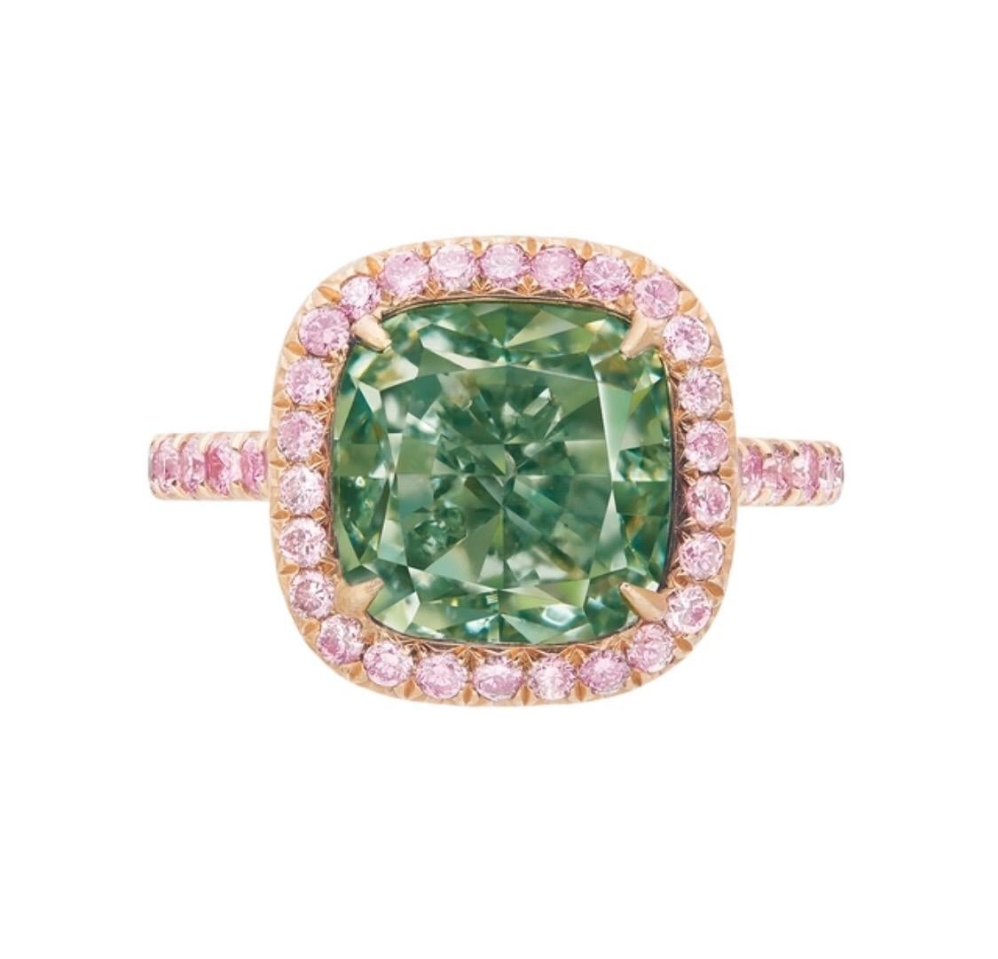 Cushion Cut Emilio Jewelry GIA Certified 6.00 Carat Fancy Intense Green Diamond Ring For Sale