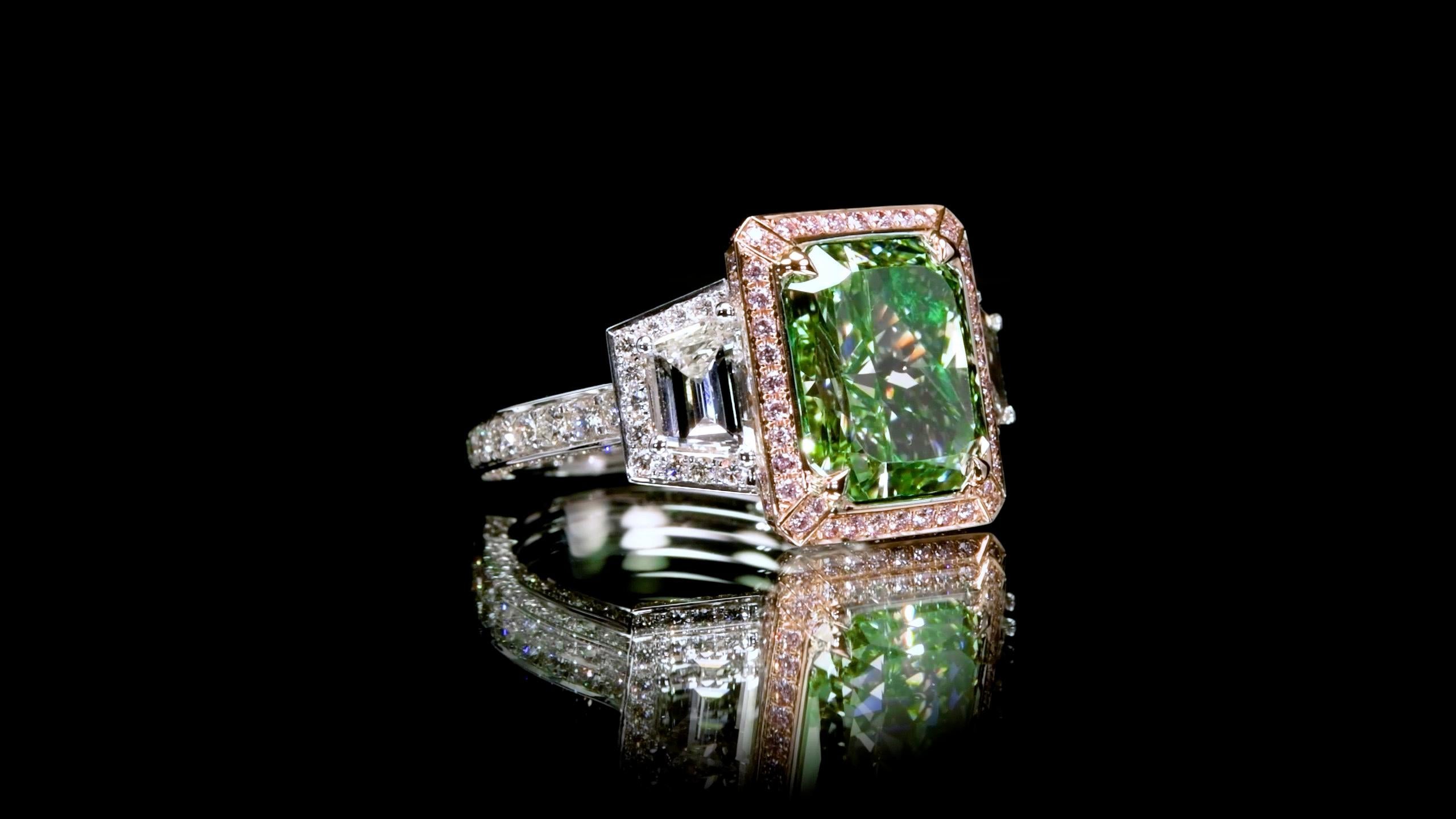From Emilio Jewelry New York, a well known and trusted dealer located on New York's iconic Fifth Avenue. 
Gia certified natural. 
We are one of the few designers who are experts in Natural Green diamonds, and can bring out their best potential in