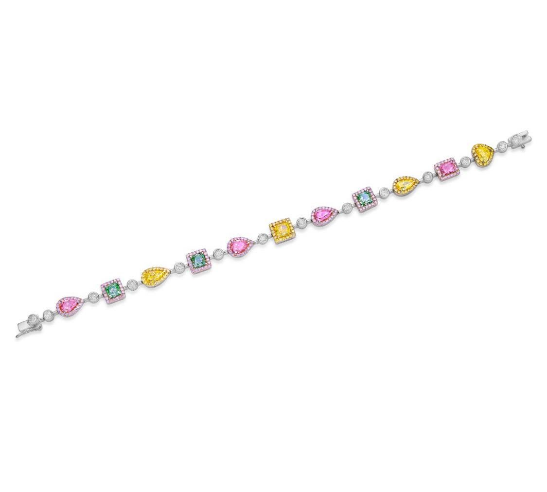 From Emilio Jewelry, a well known and respected wholesaler/dealer located on New York’s iconic Fifth Avenue, 
This bracelet features some of the rarest natural fancy color diamonds, a hand selected array of them which are all individually Gia