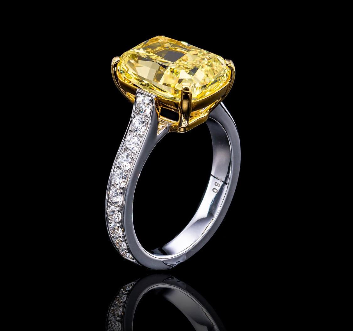 Cushion Cut Emilio Jewelry GIA Certified 6.29 Carat Fancy Intense Yellow Diamond Ring