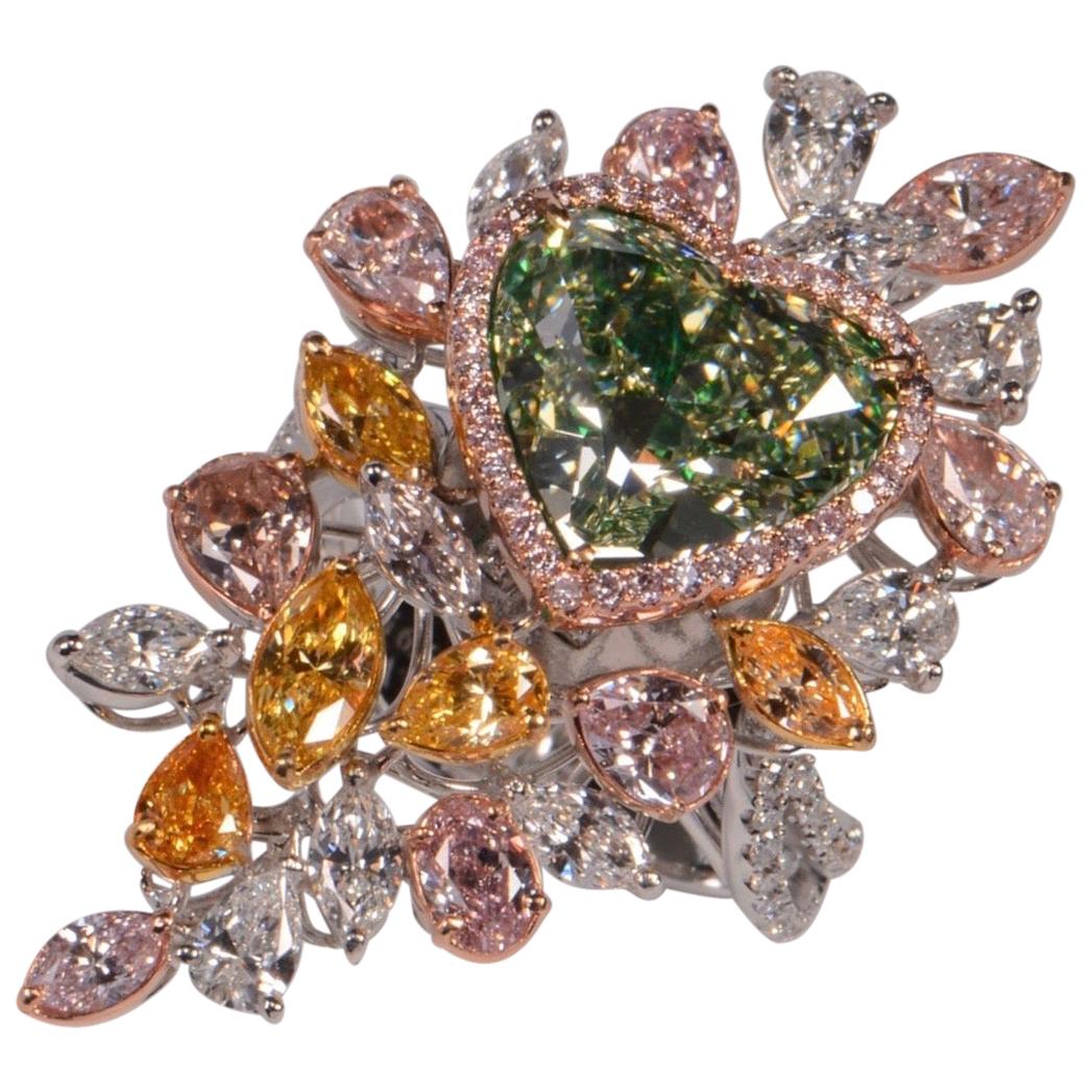 Emilio Jewelry GIA Certified 6.50 Carat Fancy Green Diamond Heart Ring For Sale