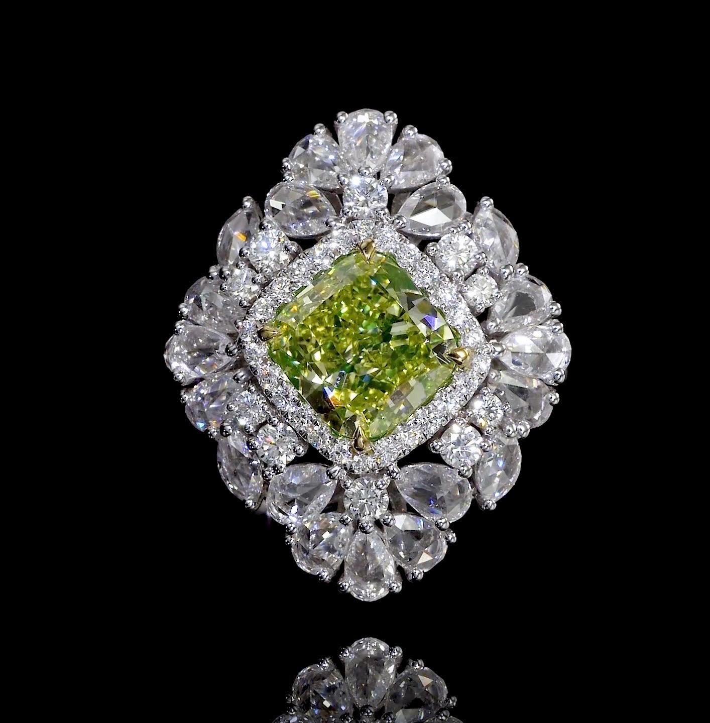 Cushion Cut Emilio Jewelry Gia Certified 6.80 Carat Fancy Intense Green Yellow Diamond Ring