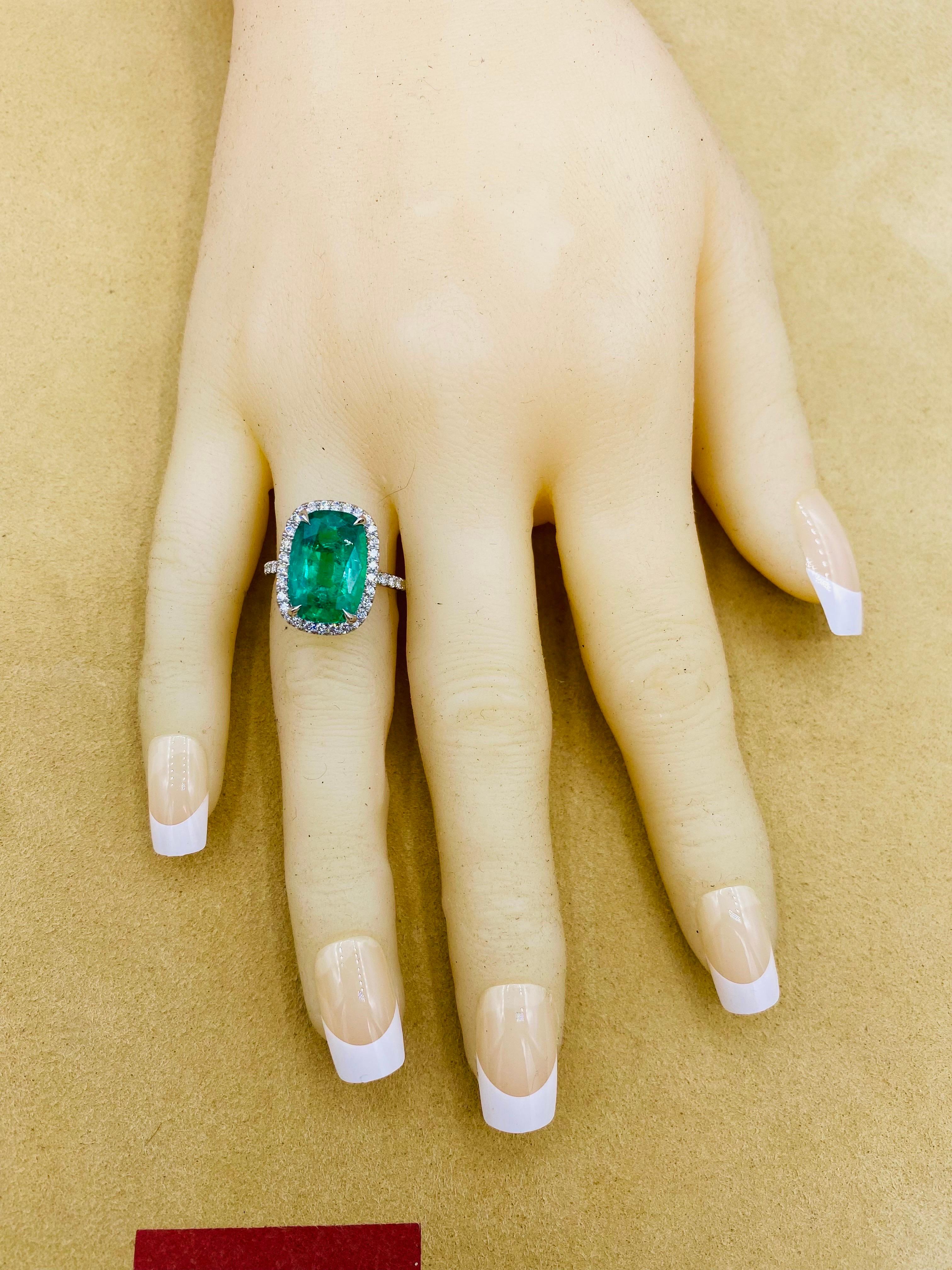 Emilio Jewelry Gia Certified 6.92 Carat Cushion Emerald Halo Platinum Ring For Sale 5