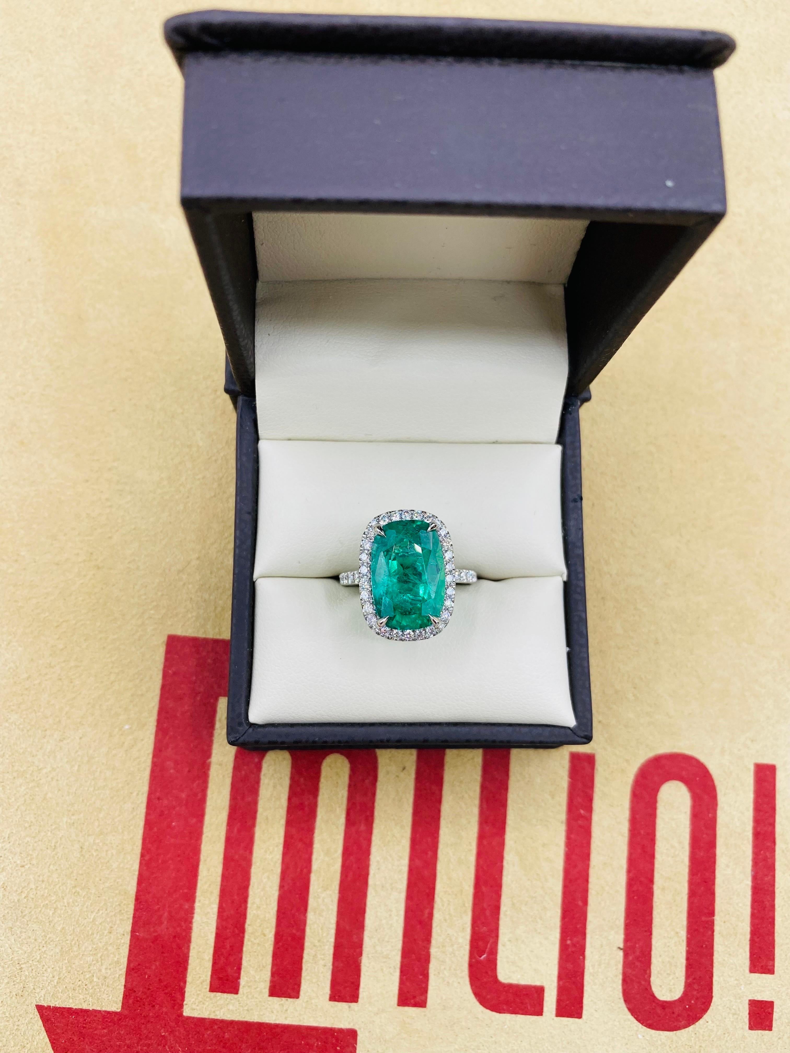 Emilio Jewelry Gia Certified 6.92 Carat Cushion Emerald Halo Platinum Ring In New Condition For Sale In New York, NY