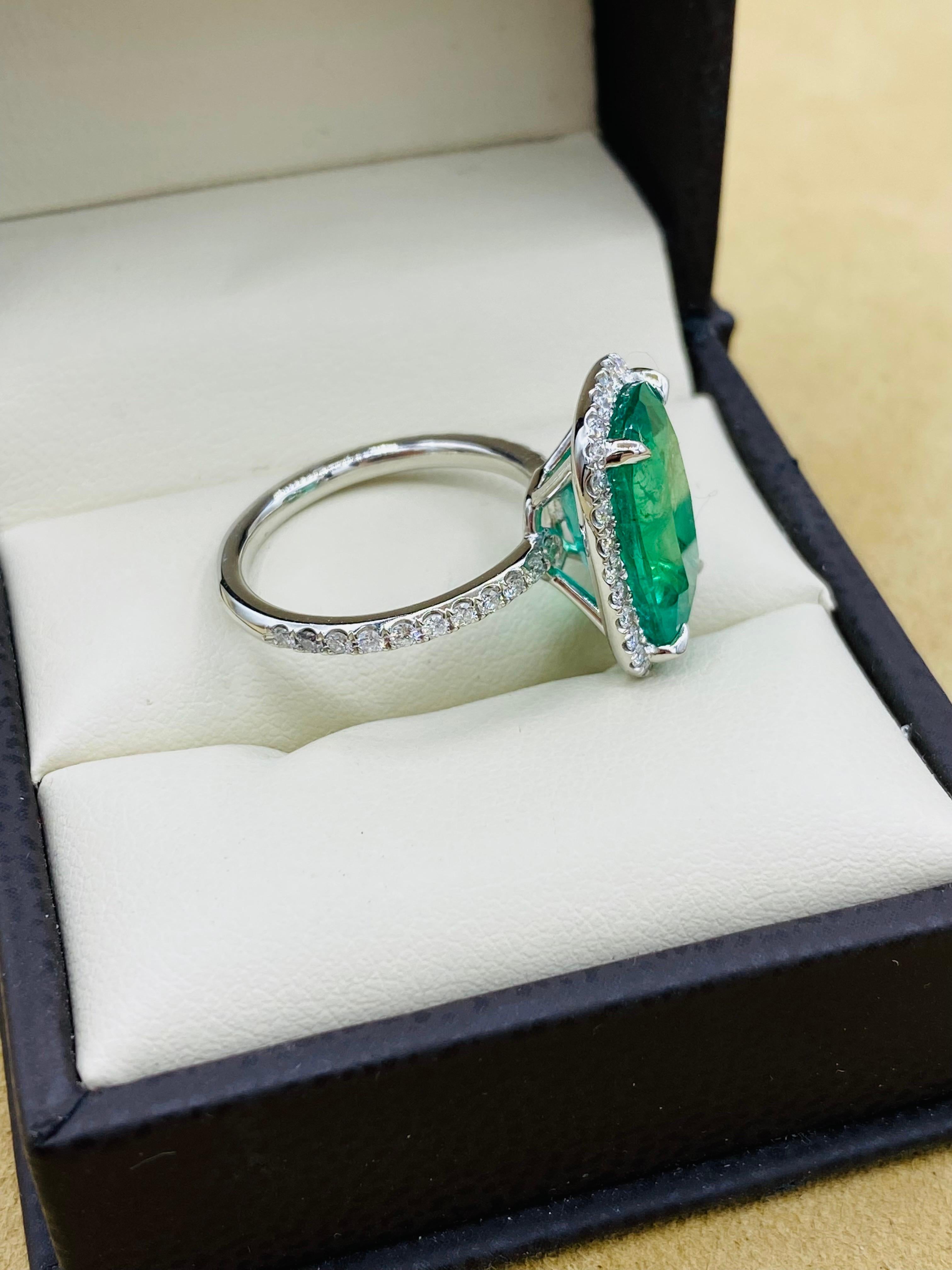 Emilio Jewelry Gia zertifizierter Platinring mit 6,92 Karat Smaragd-Halo im Kissenschliff im Angebot 4