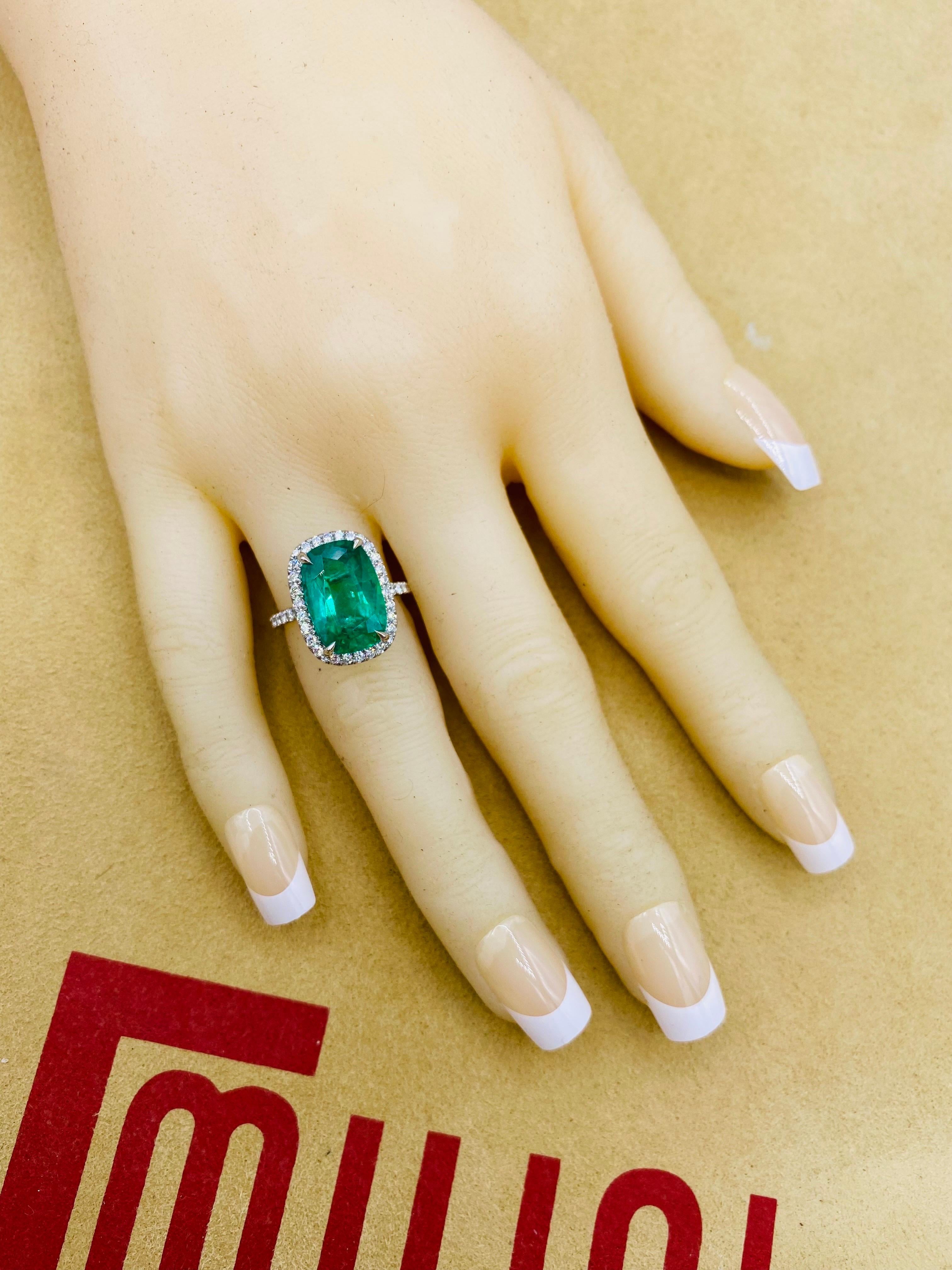 Emilio Jewelry Gia Certified 6.92 Carat Cushion Emerald Halo Platinum Ring For Sale 4