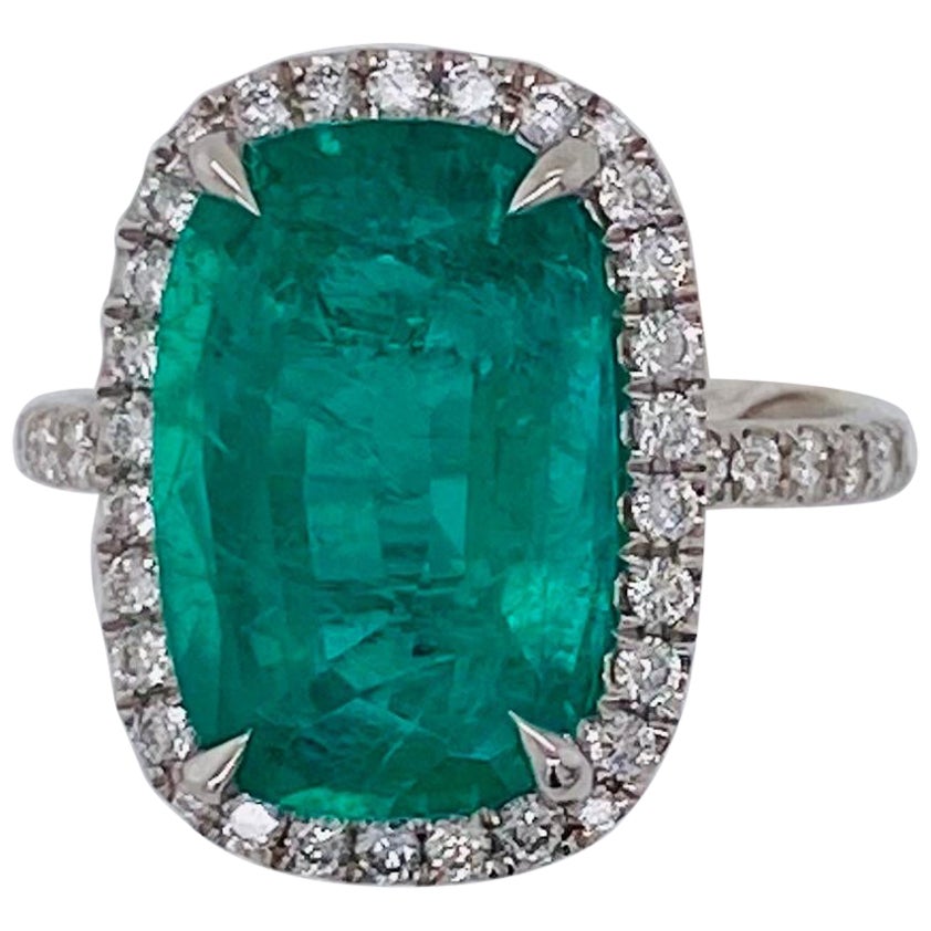 Emilio Jewelry Gia Certified 6.92 Carat Cushion Emerald Halo Platinum Ring For Sale